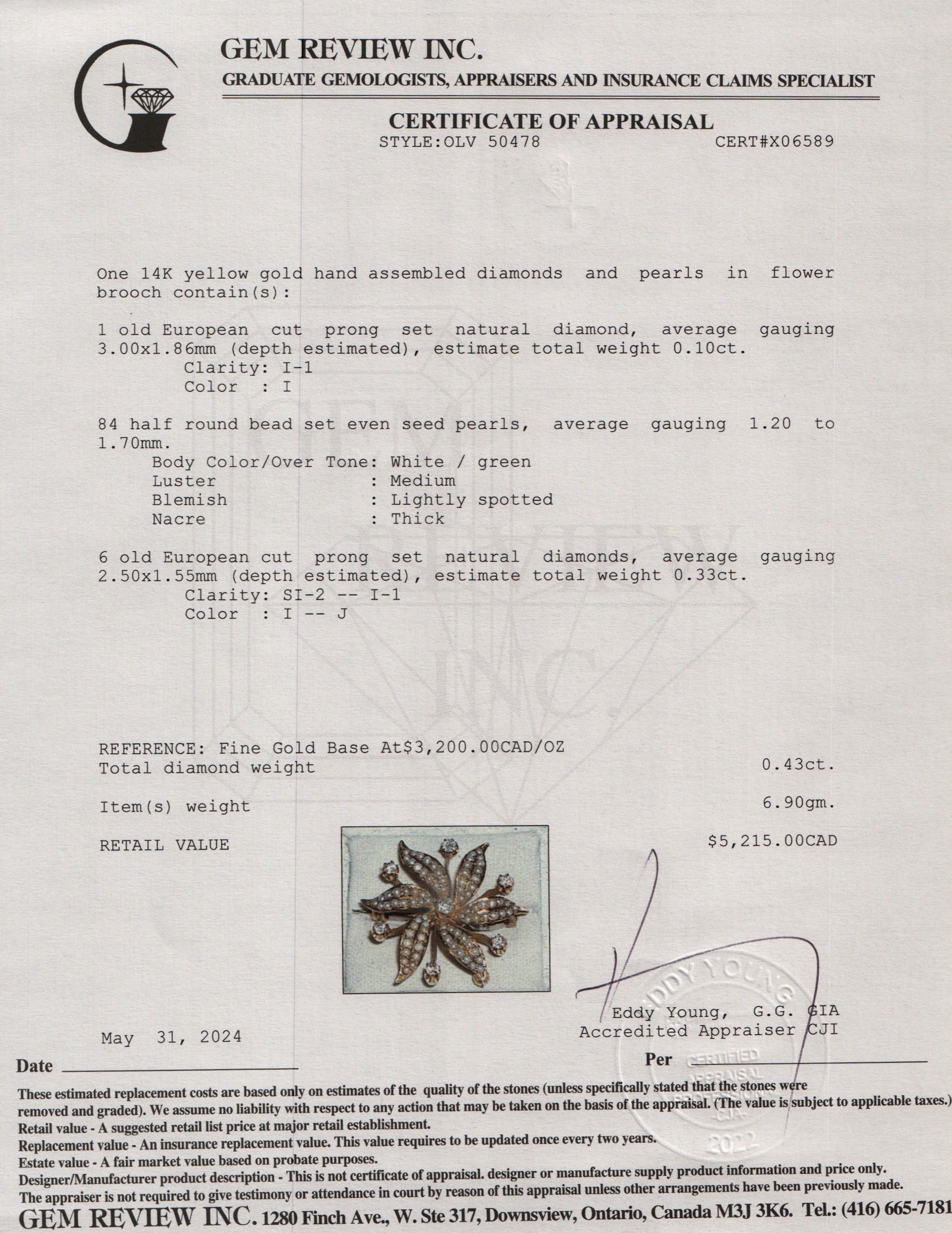 Antique 14k Yellow Gold Diamond & Pearl Flower Pin Brooch