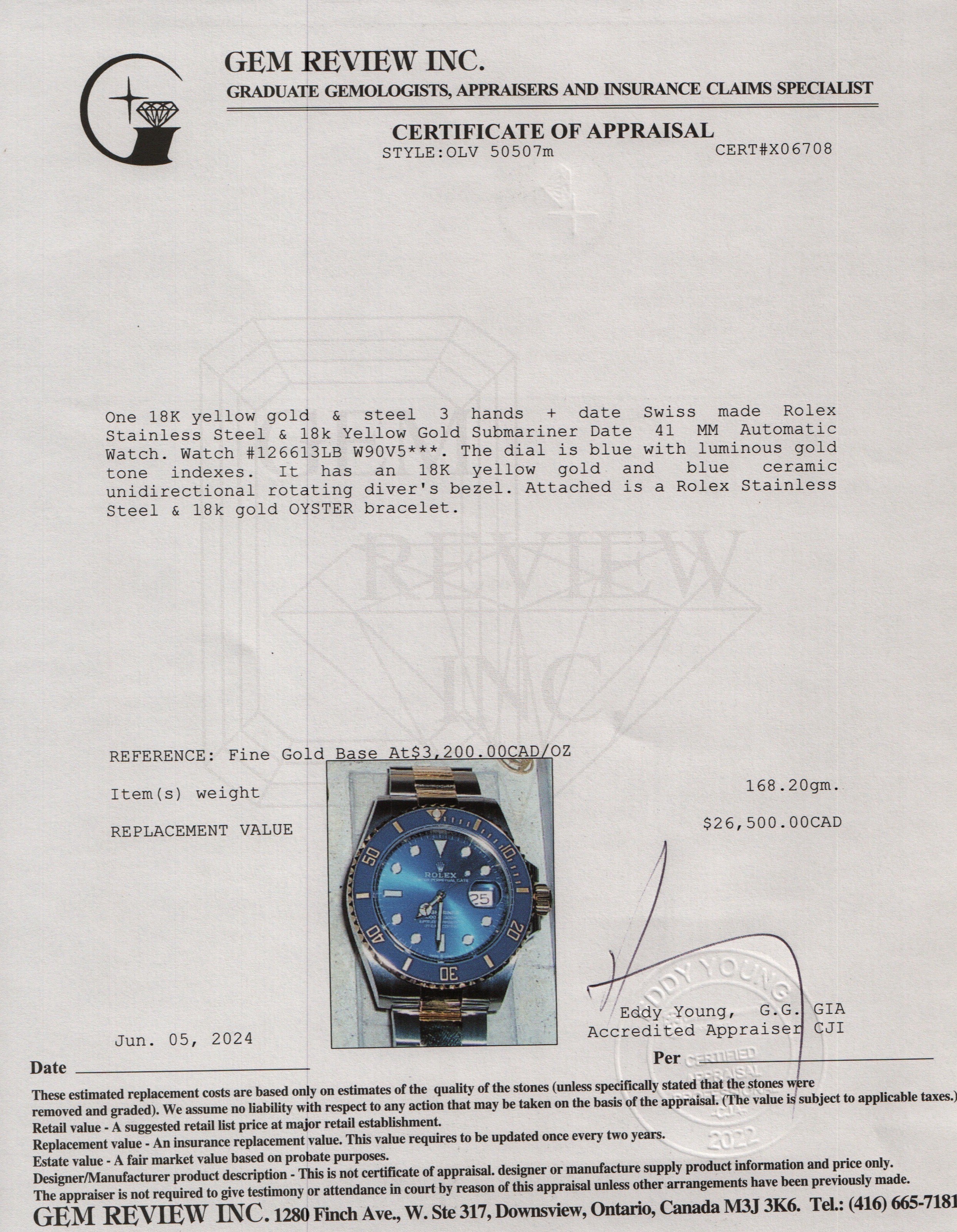 Rolex Stainless Steel & 18k Yellow Gold Submariner Date 41 MM Automatic Watch 126613LB w/ Papers