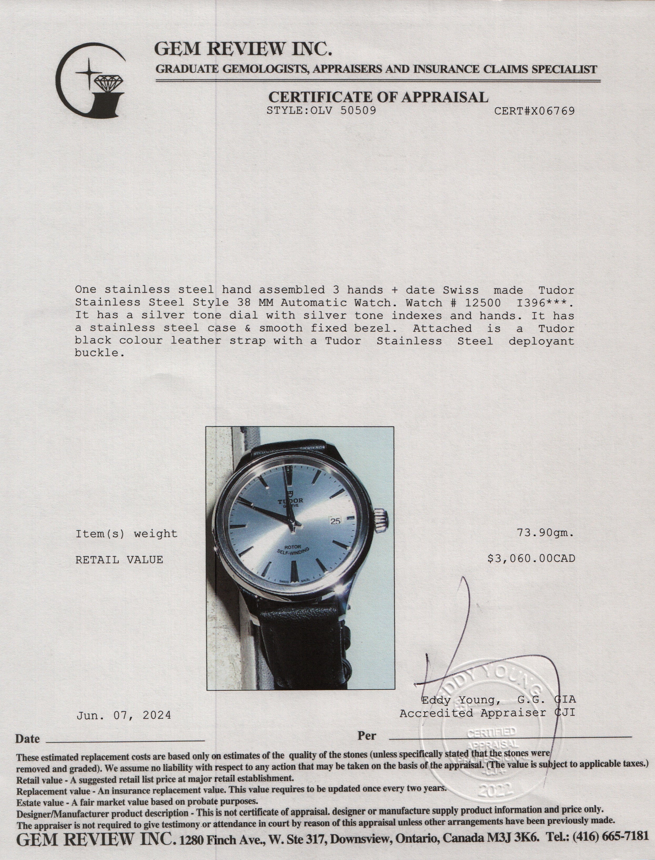 Tudor Stainless Steel Style 38 MM Automatic Watch 12500 w/ Box & Papers
