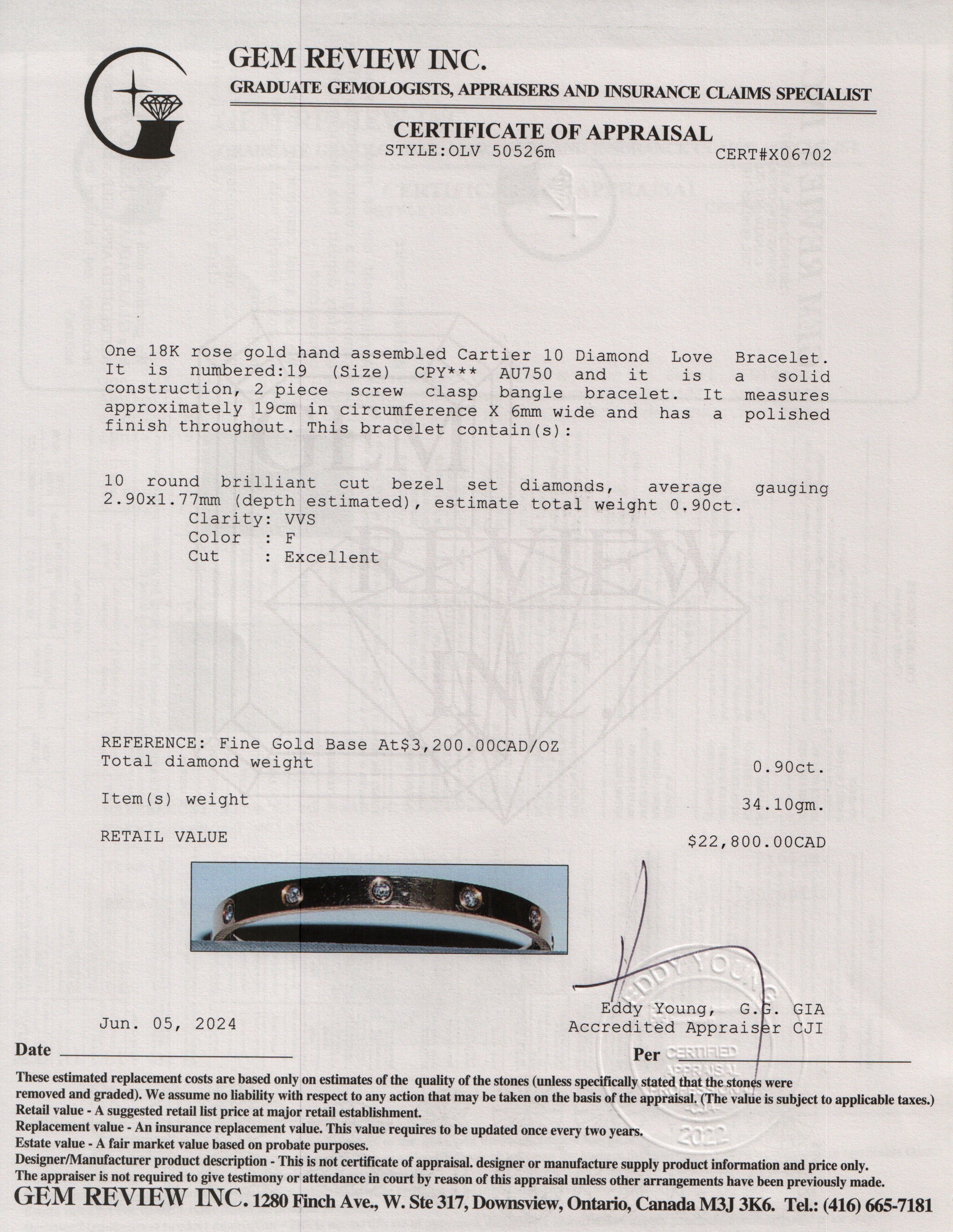 Cartier 18k Rose Gold 10 Diamond Love Bracelet, Size 19 w/ Box