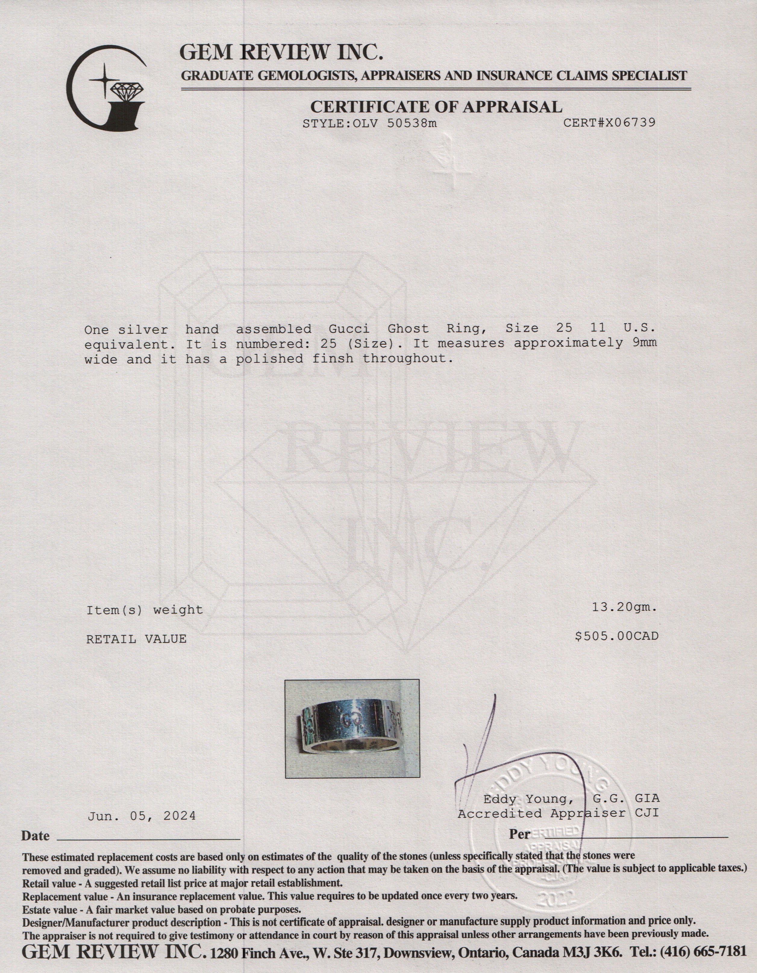 Gucci Sterling Silver Wide 9MM Ghost Ring, Size 25 11