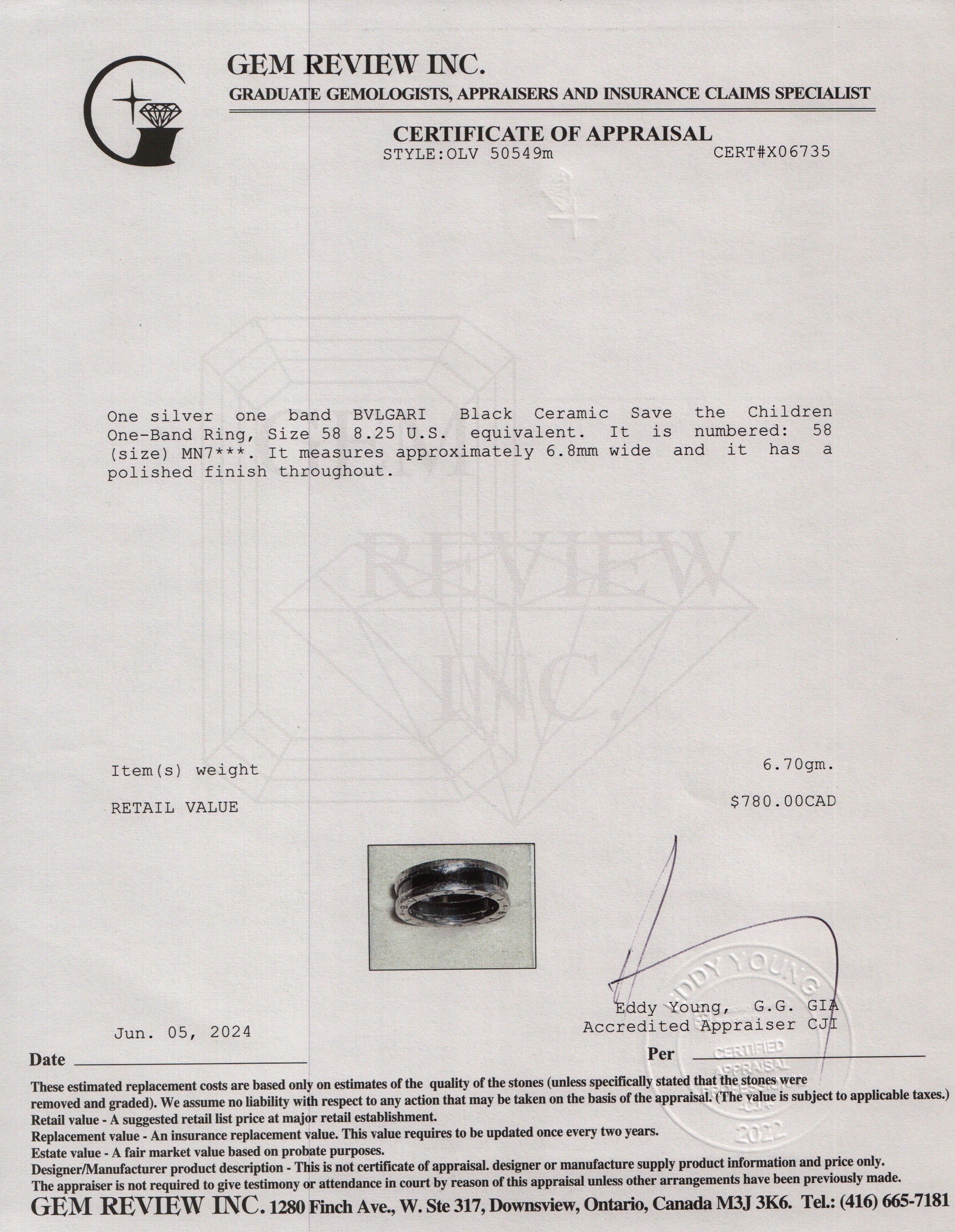 BVLGARI Sterling Silver Black Ceramic Save the Children One-Band Ring, Size 58 8.25