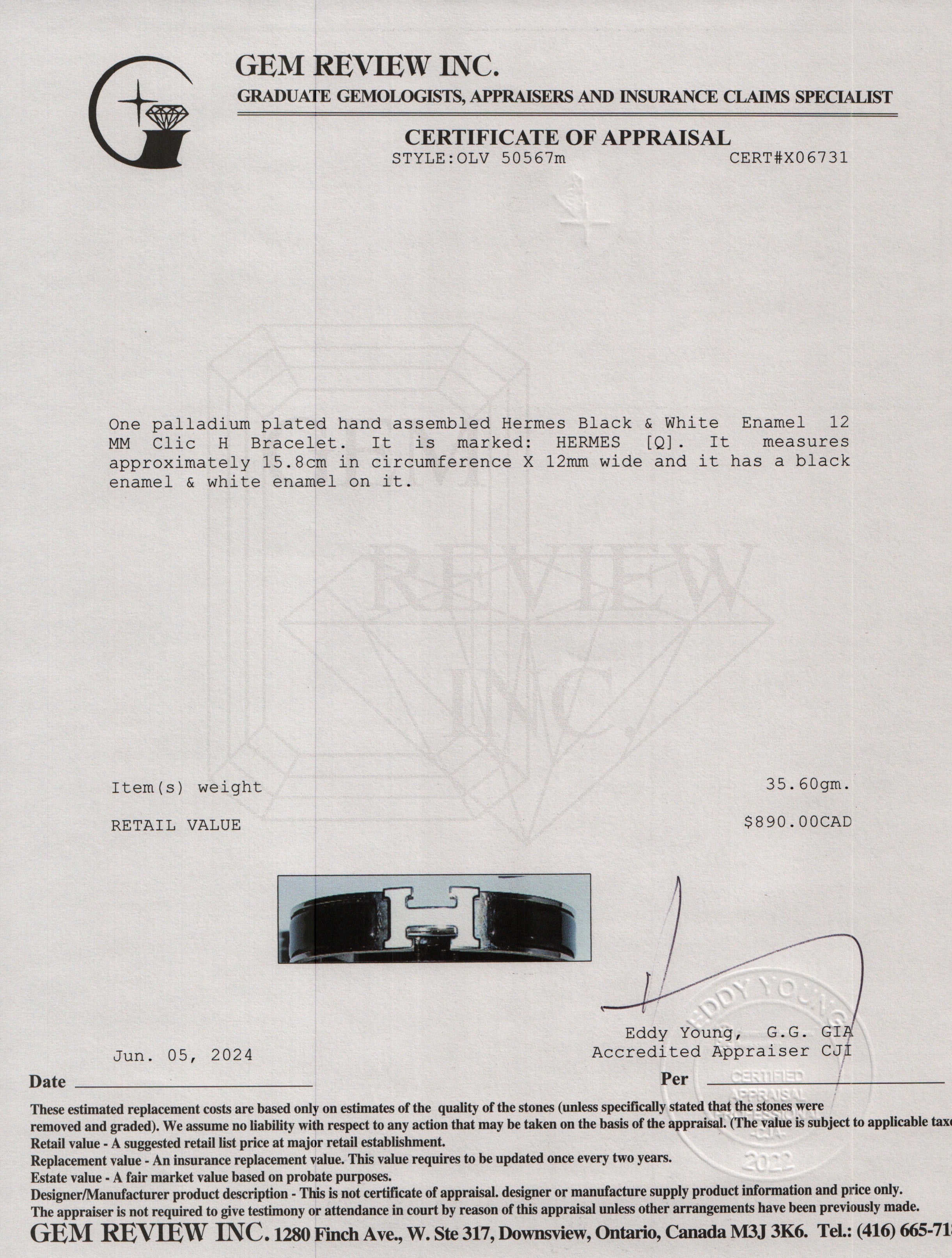 Hermes Palladium Plated Black & White Enamel 12 MM Clic H Bracelet w/ Box