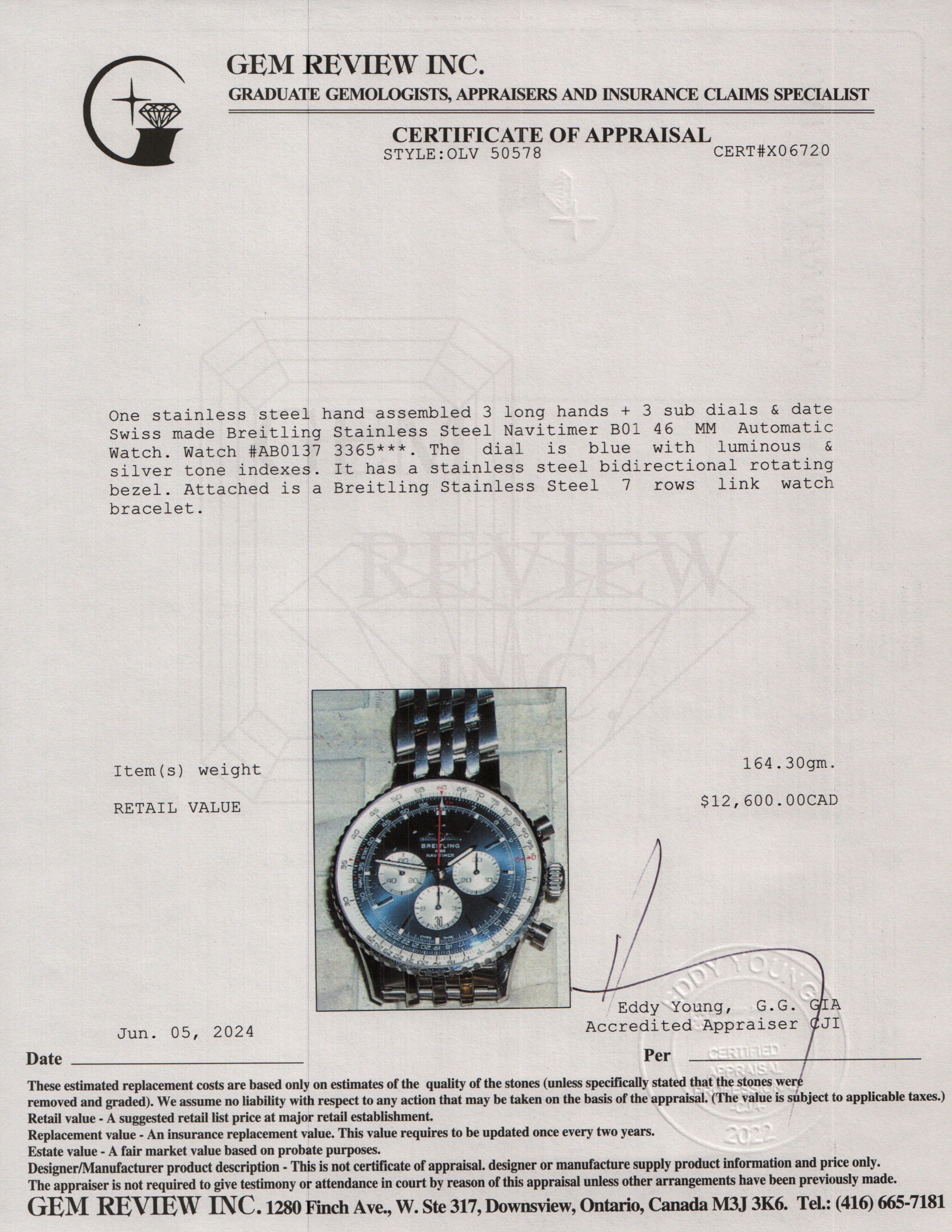 Breitling Stainless Steel Navitimer B01 46 MM Automatic Watch w/ Box, Papers & Receipt