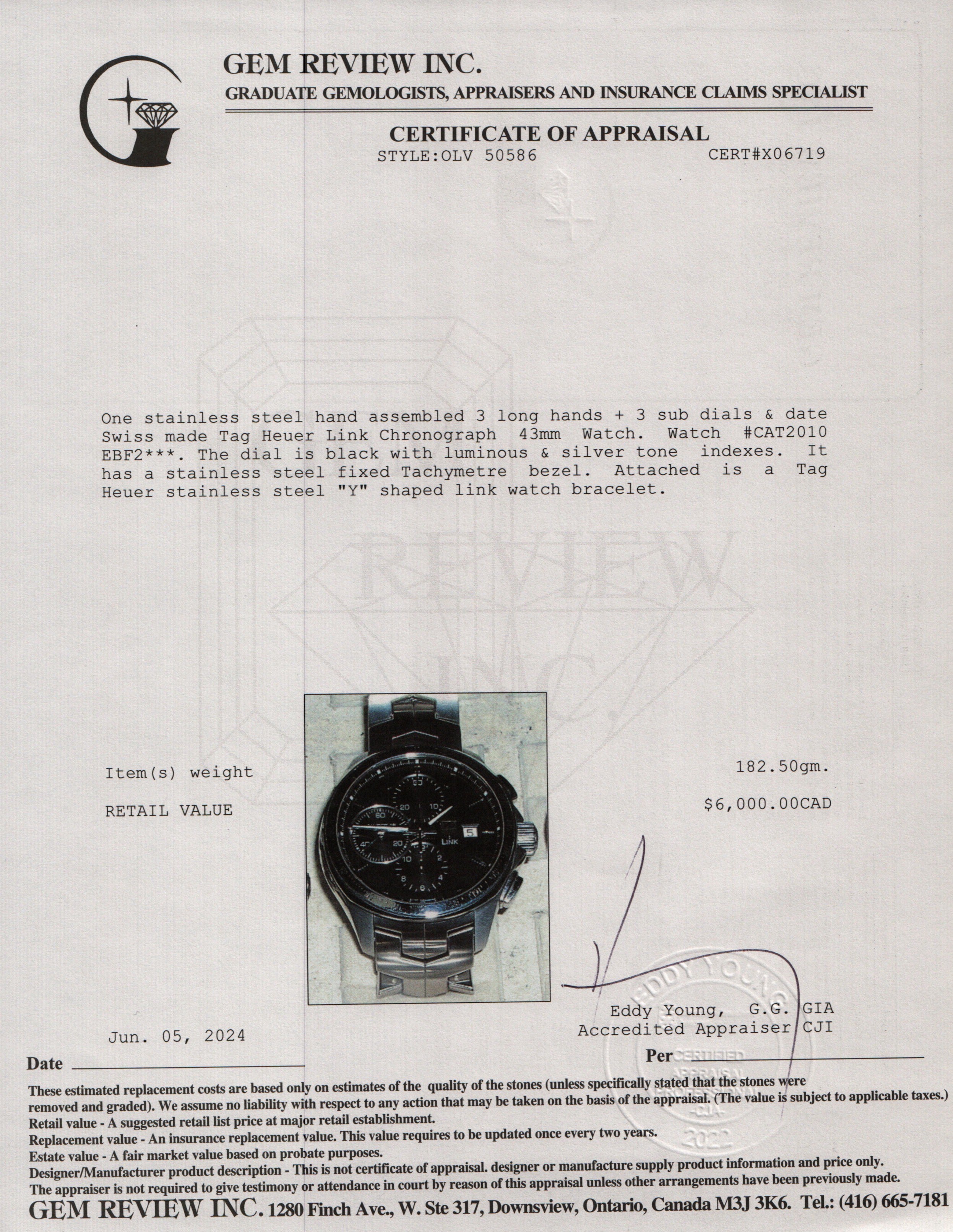 Tag Heuer Stainless Steel Link 43 MM Automatic Chronograph Watch CAT2010 w/ Box & Papers