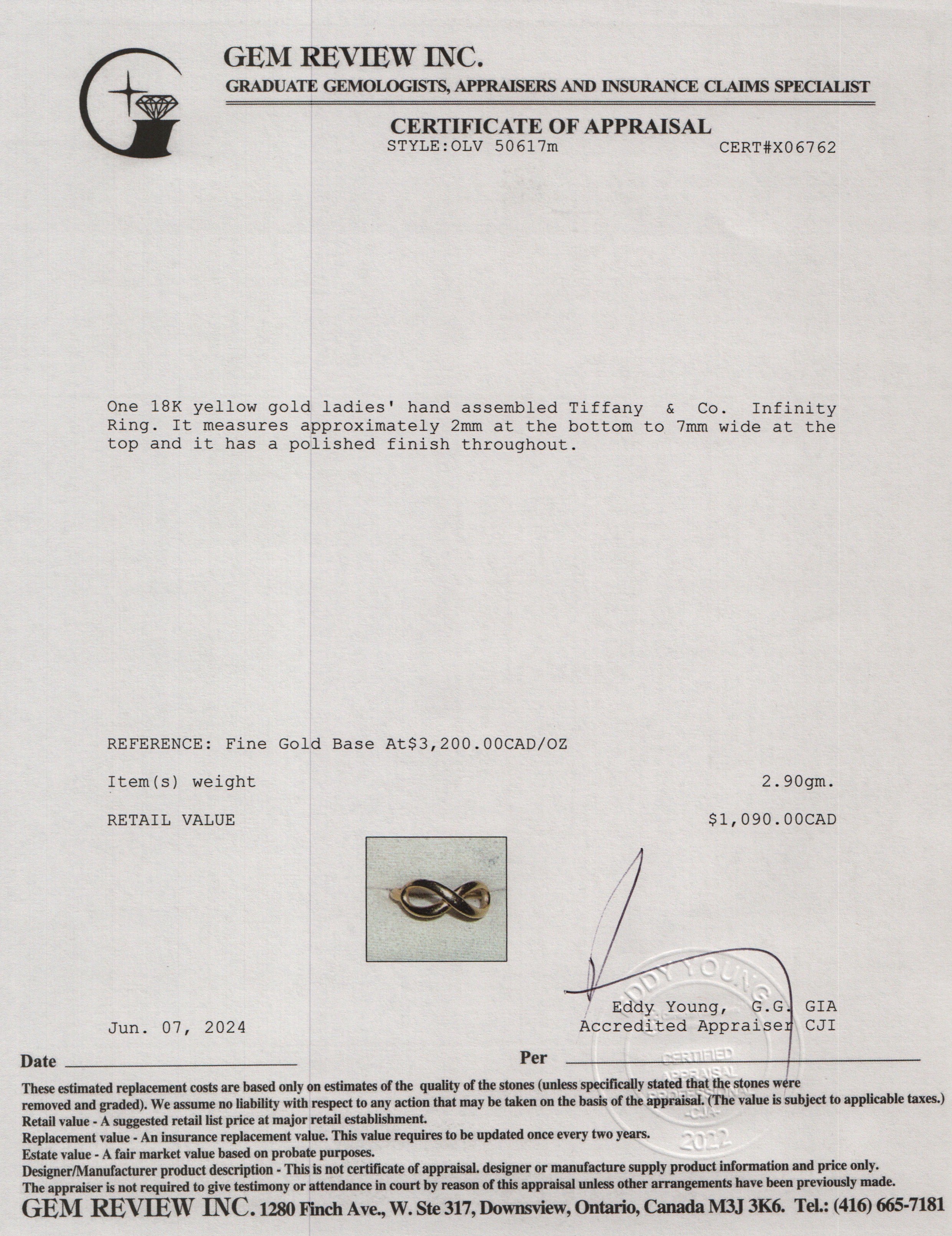 Tiffany & Co. 18k Yellow Gold Infinity Ring, Size 5