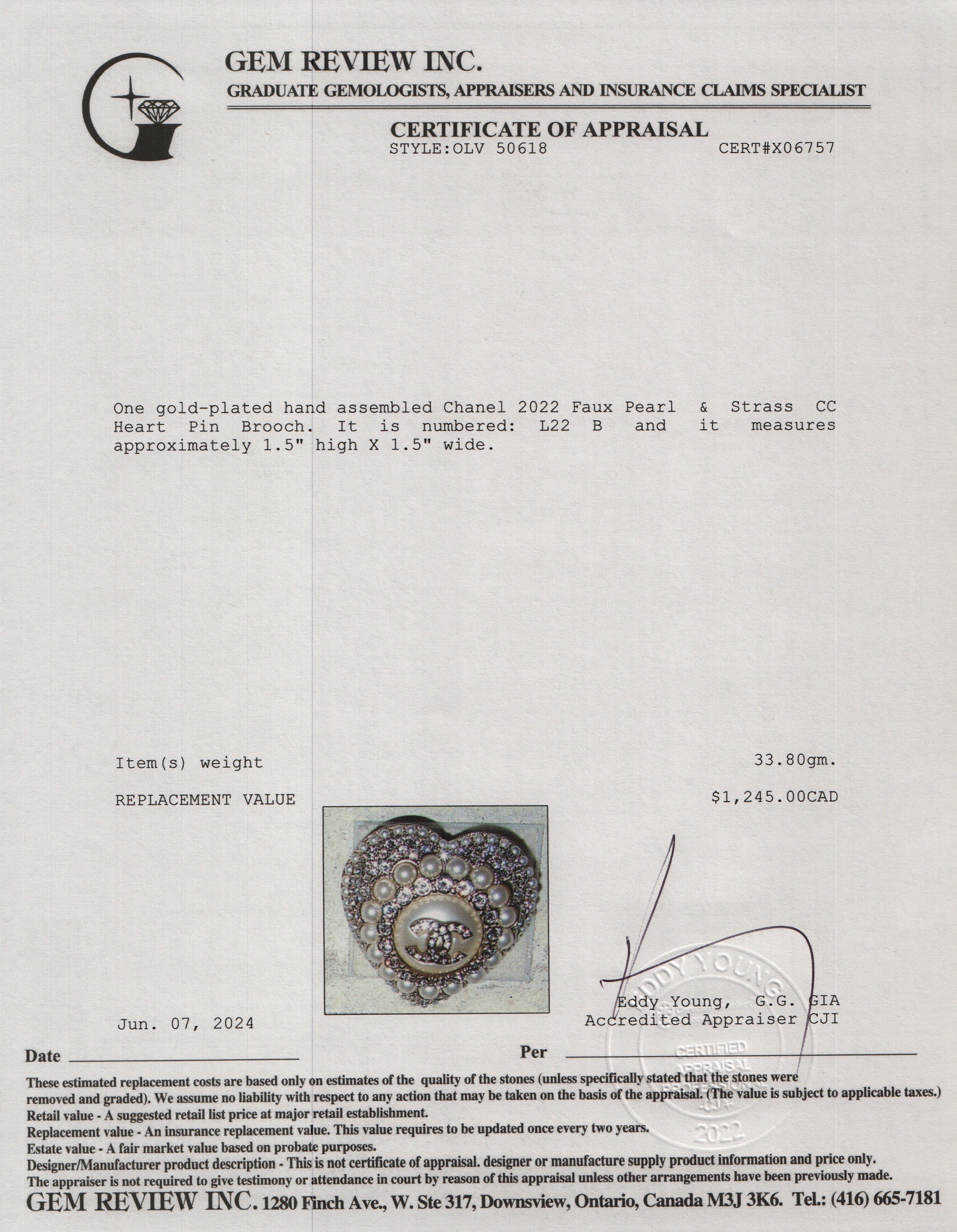 Chanel 2022 Gold Plated Faux Pearl & Strass CC Heart Pin Brooch