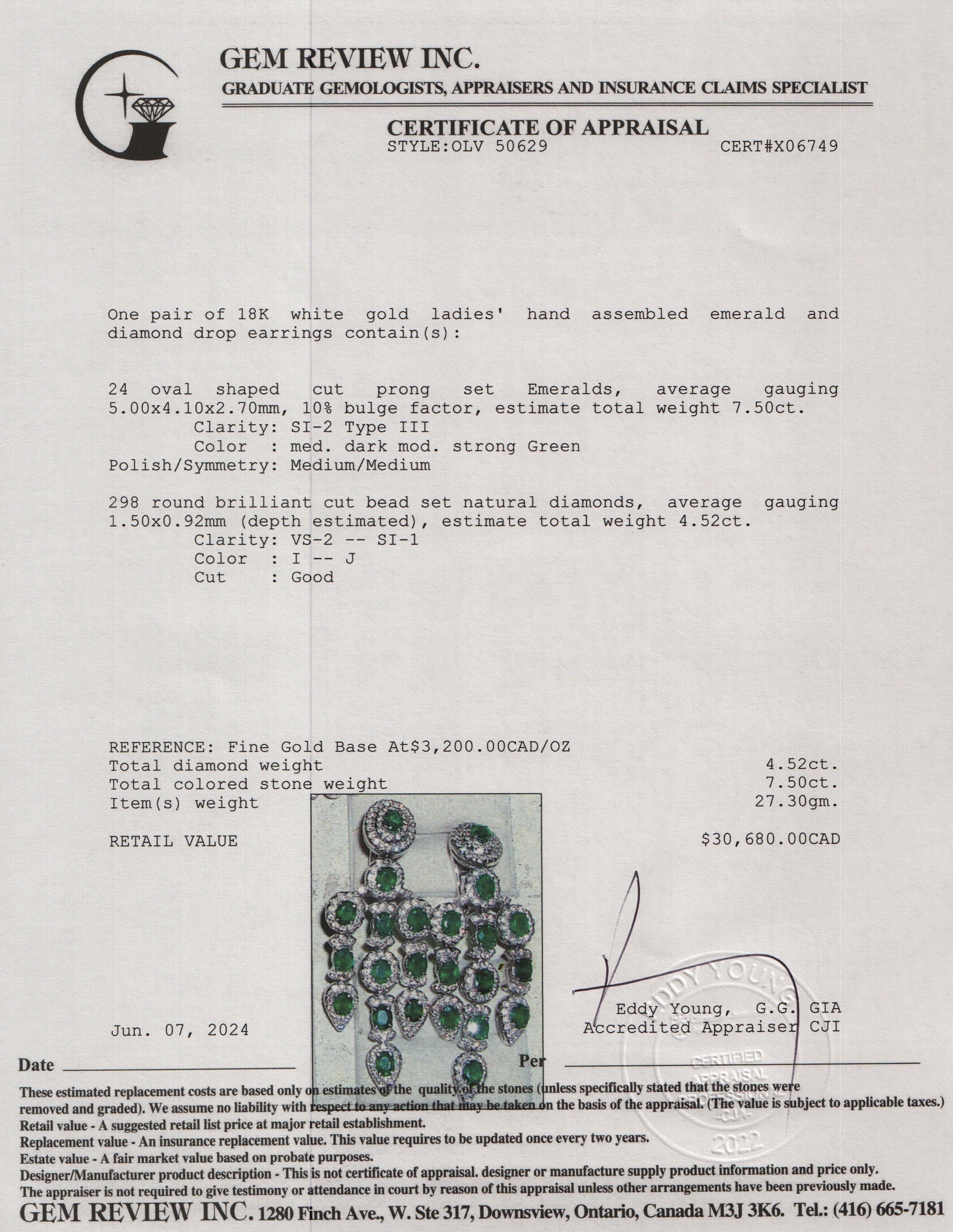 18k White Gold Emerald and Diamond Drop Earrings