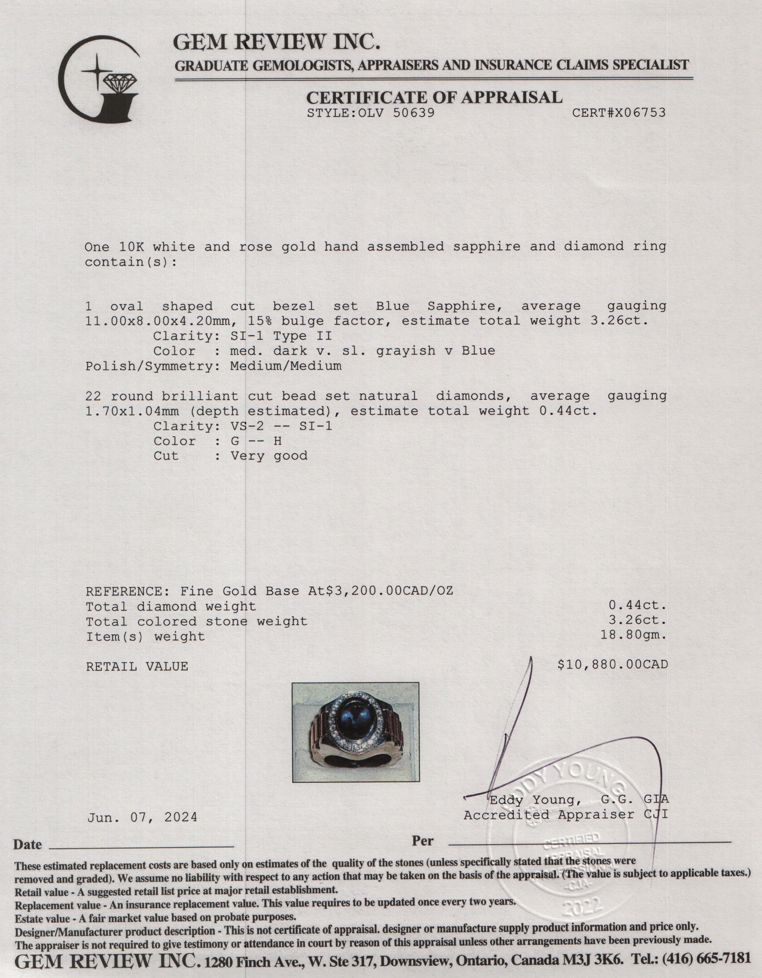 Gents 10k White & Rose Gold Blue Sapphire and Diamond Ring, Size 7.25