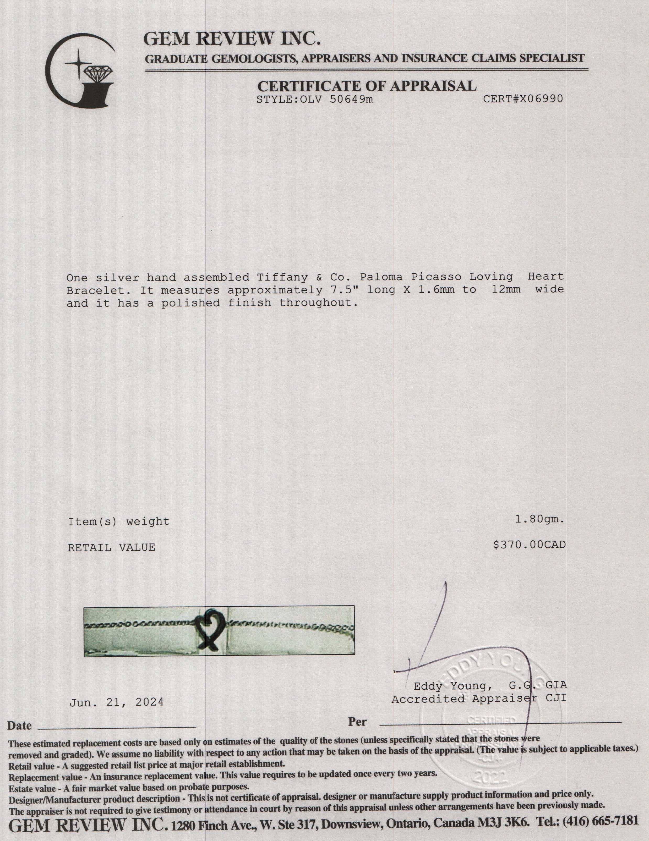 Tiffany & Co. Paloma Picasso Sterling Silver Loving Heart Bracelet