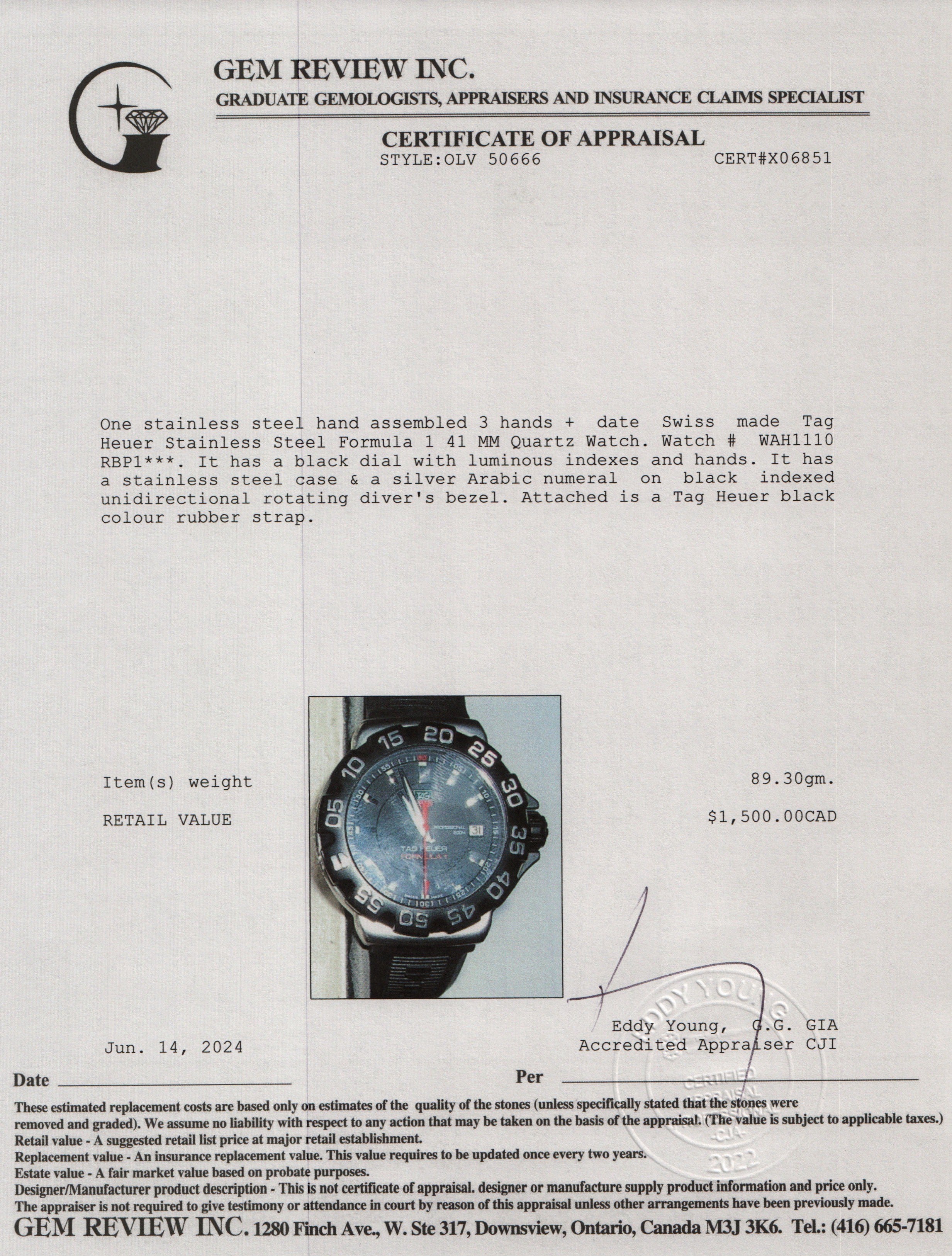 Tag Heuer Stainless Steel Formula 1 41 MM Quartz Watch WAH1110 w/ Case & Card