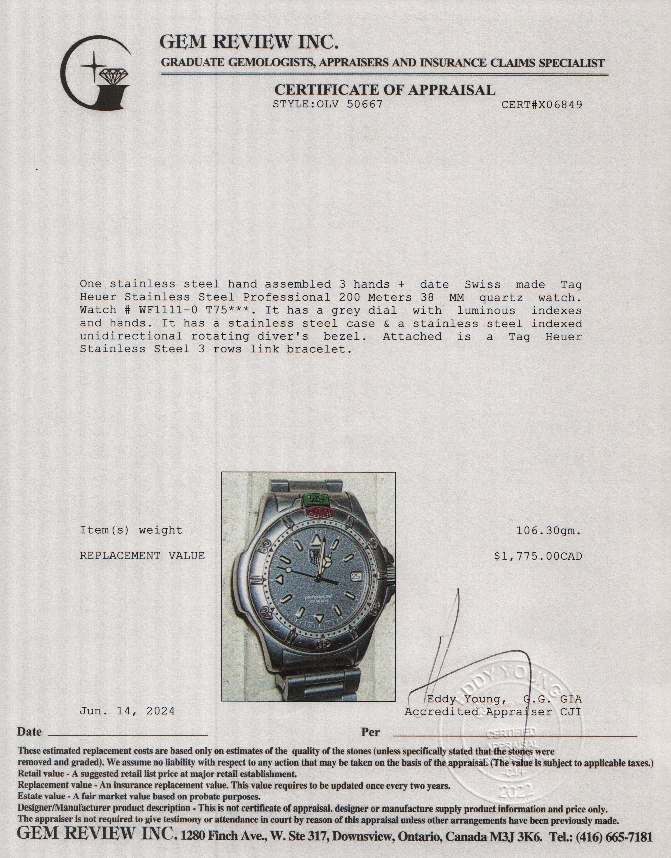 Tag Heuer Stainless Steel Professional 200 Meters 38 MM Watch WF1111-0