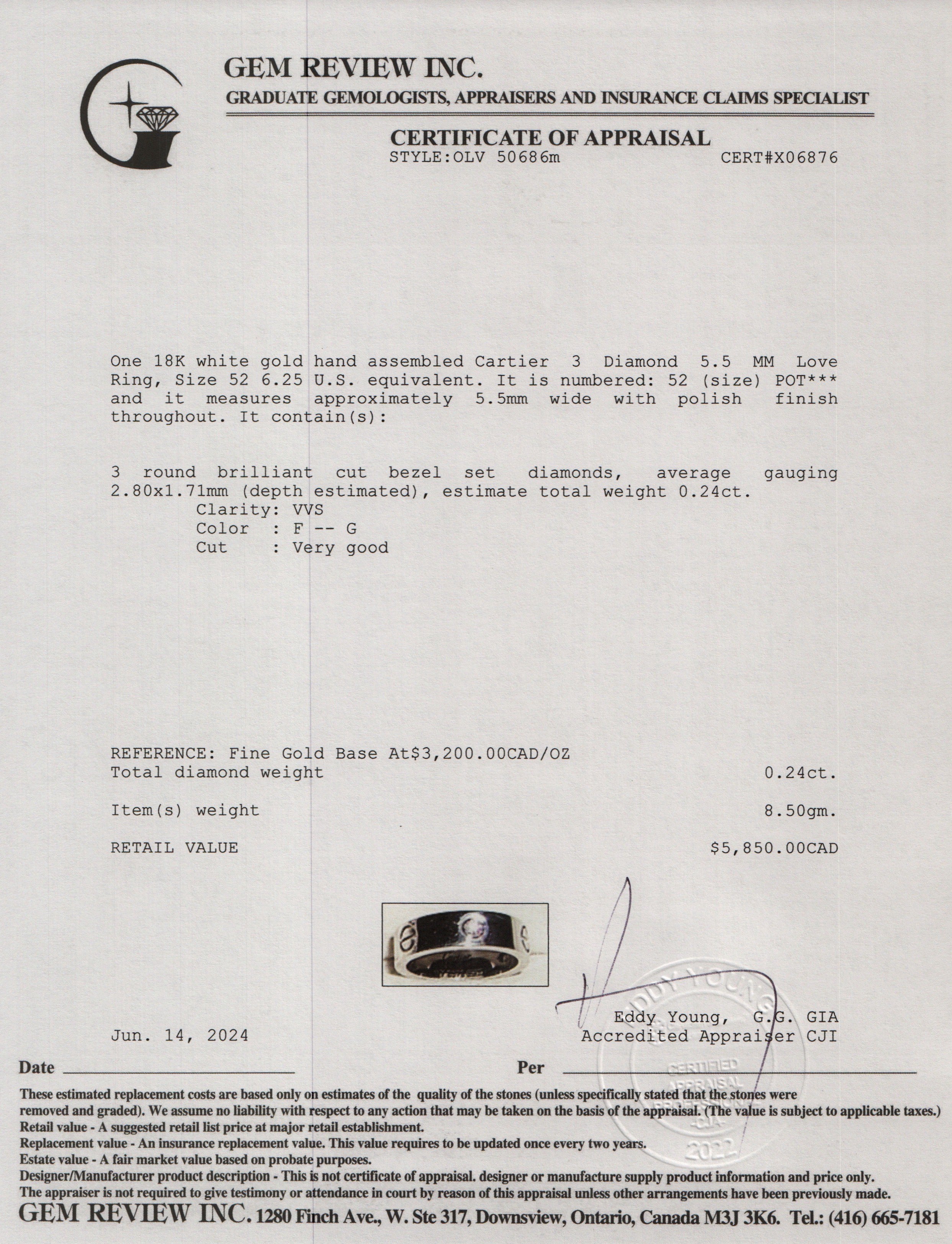 Cartier 18k White Gold 3 Diamond 5.5 MM Love Ring, Size 52 6.25