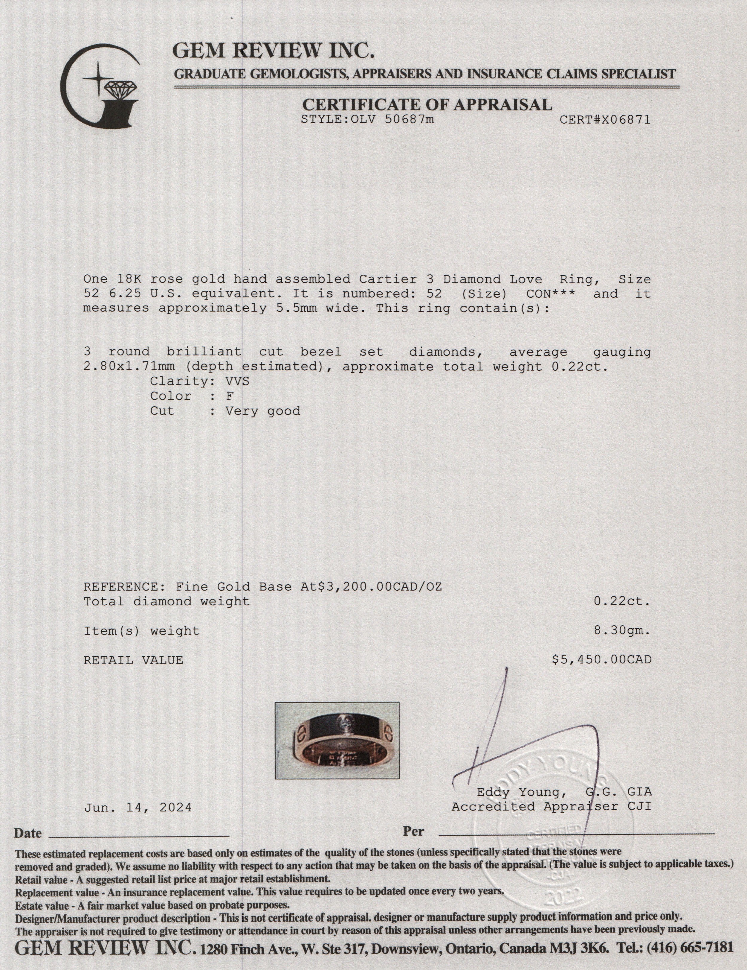 Cartier 18k Rose Gold 3 Diamond Love Ring, Size 52 6.25