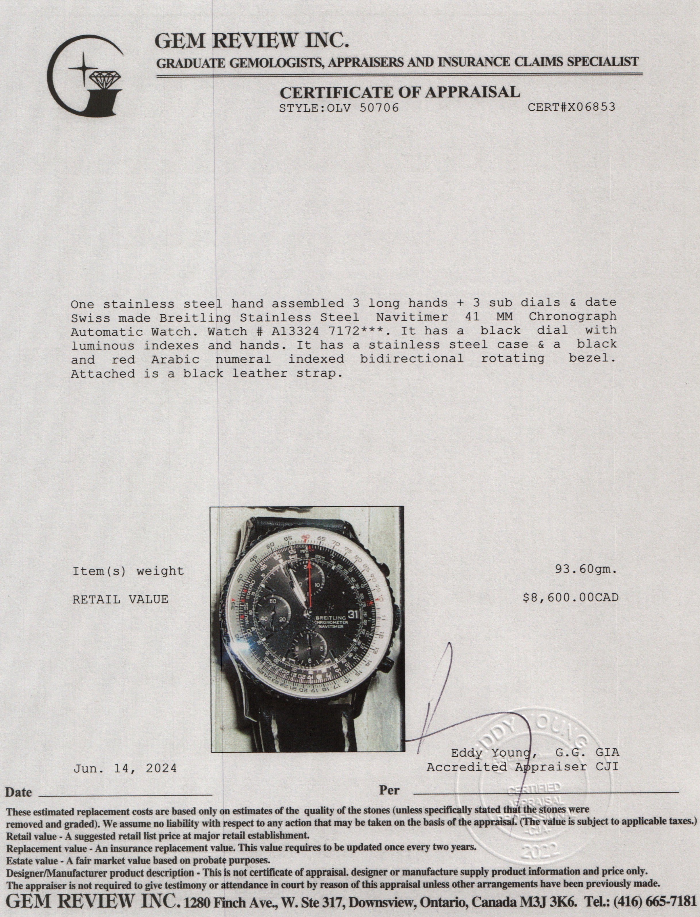 Breitling Stainless Steel Navitimer 41 MM Chronograph Automatic Watch w/ Box & Papers