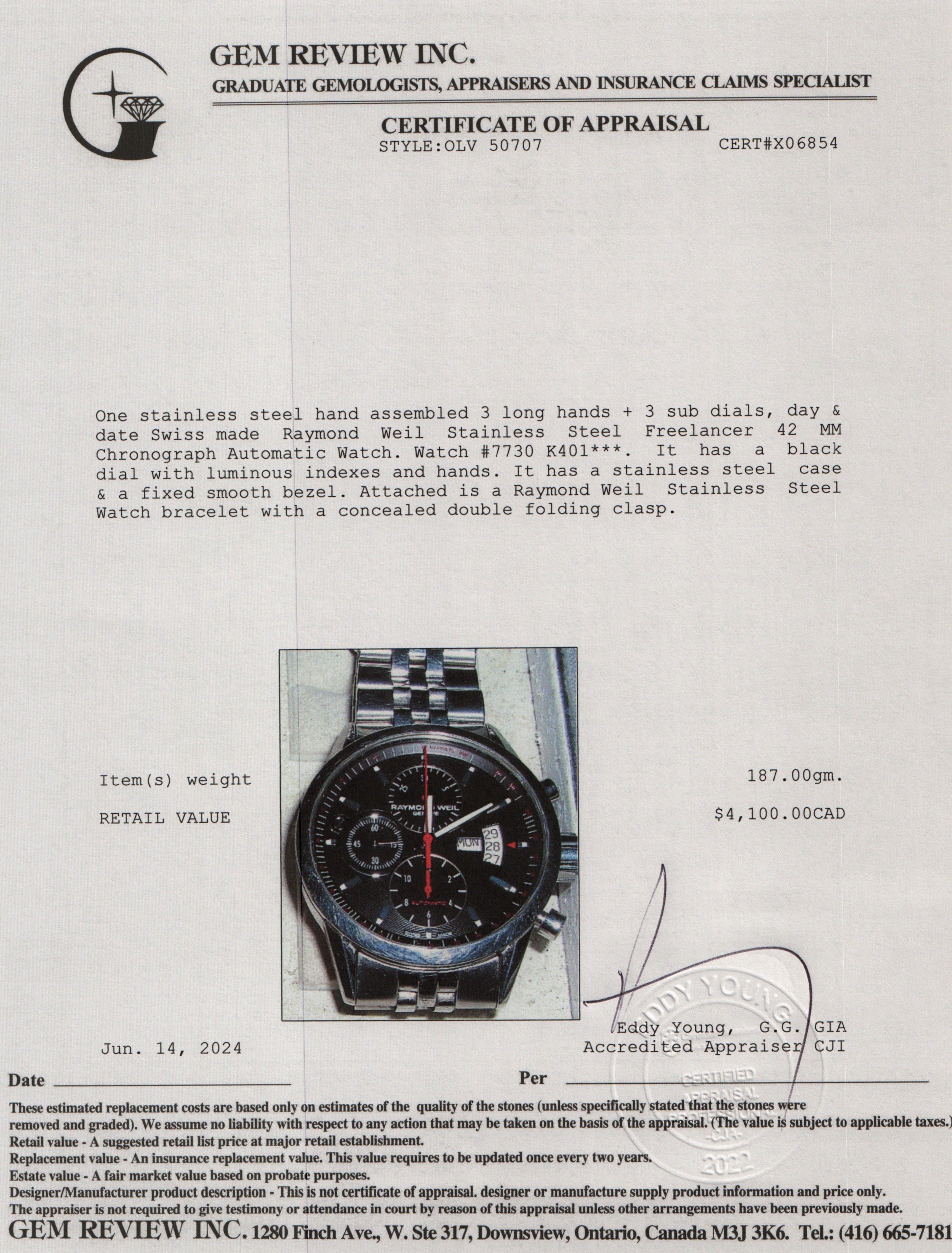 Raymond Weil Stainless Steel Freelancer 42 MM Chronograph Automatic Watch w/ Box & Papers