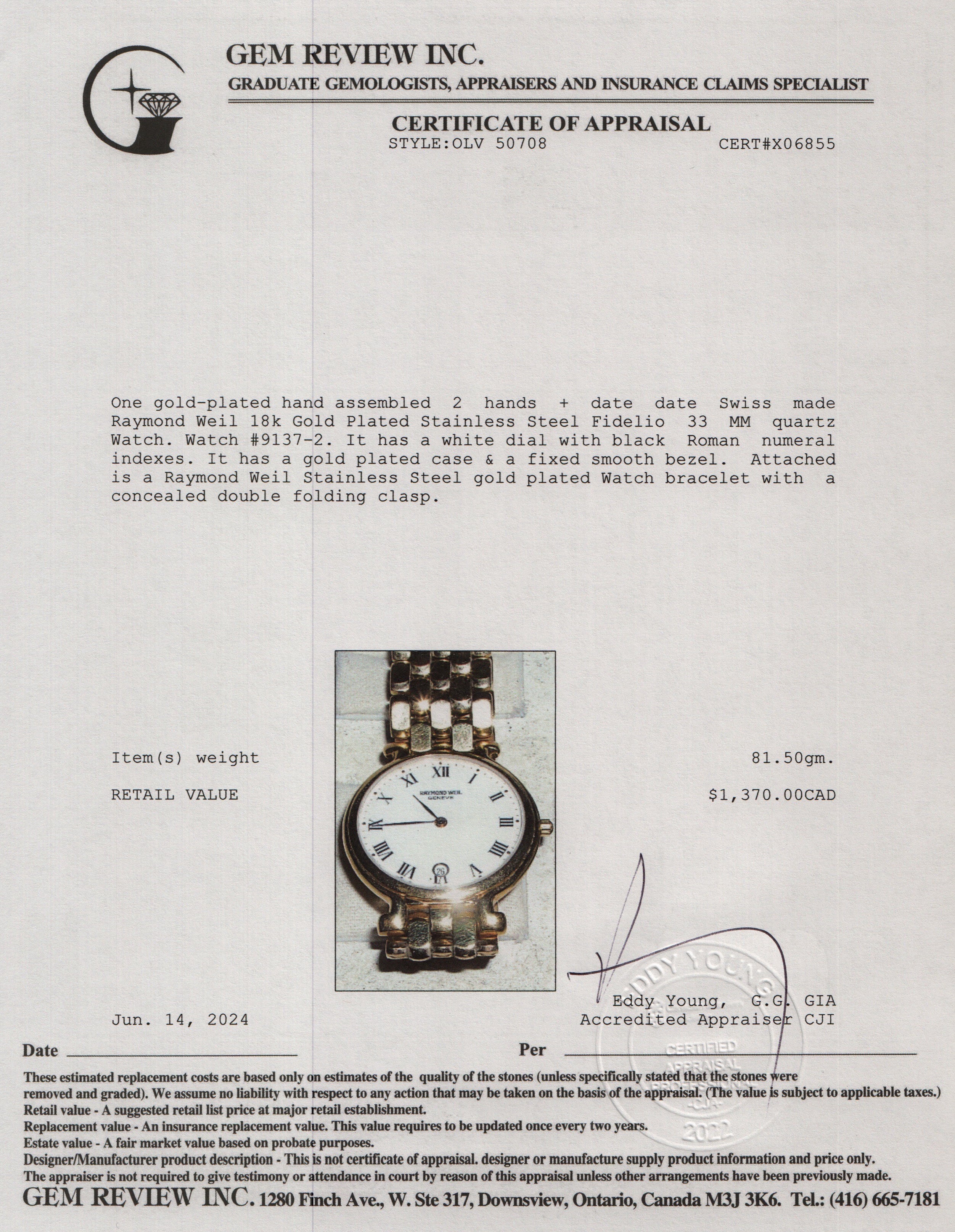 Raymond Weil 18k Gold Plated Stainless Steel Fidelio 33 MM Watch