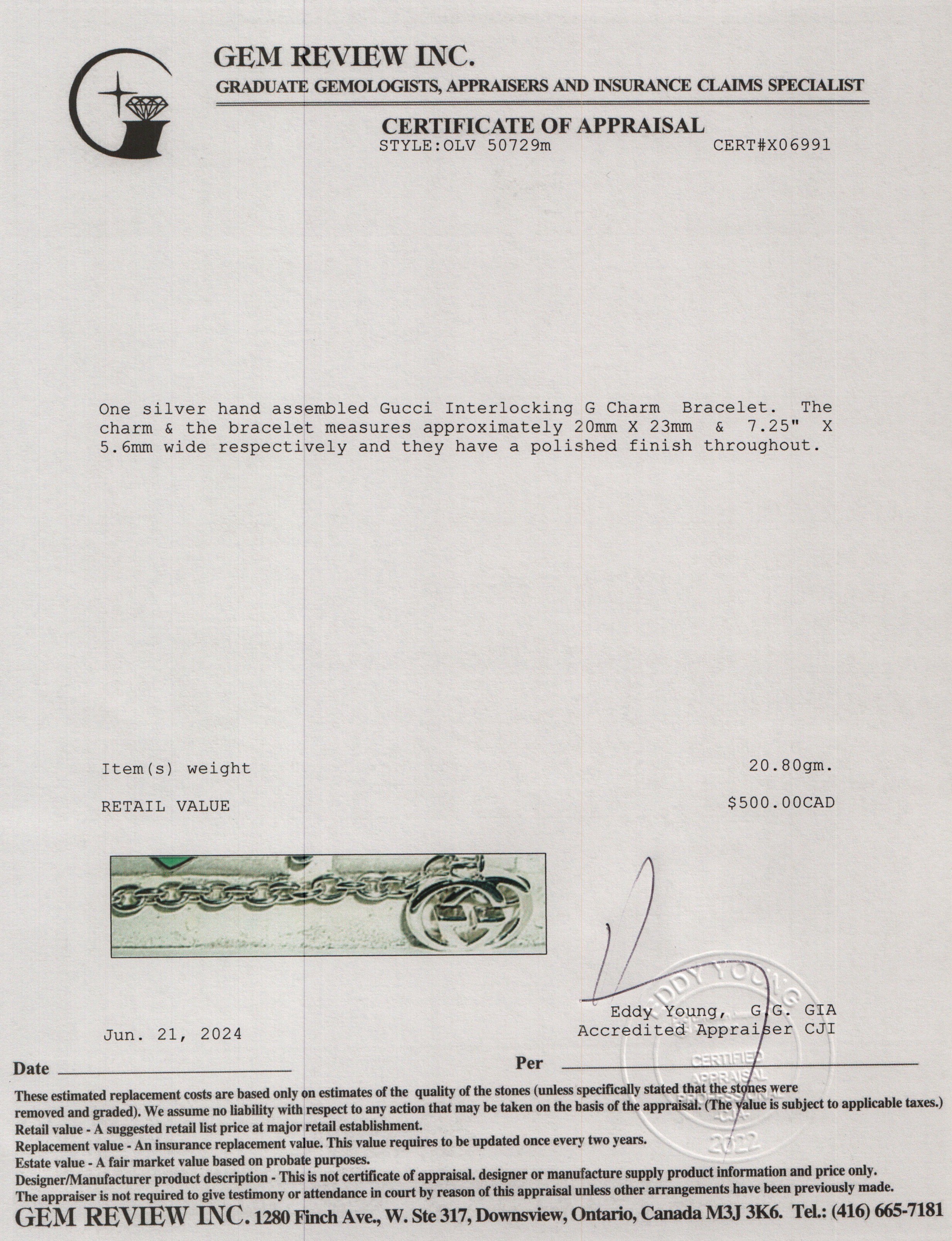 Gucci Sterling Silver Interlocking G Charm Bracelet