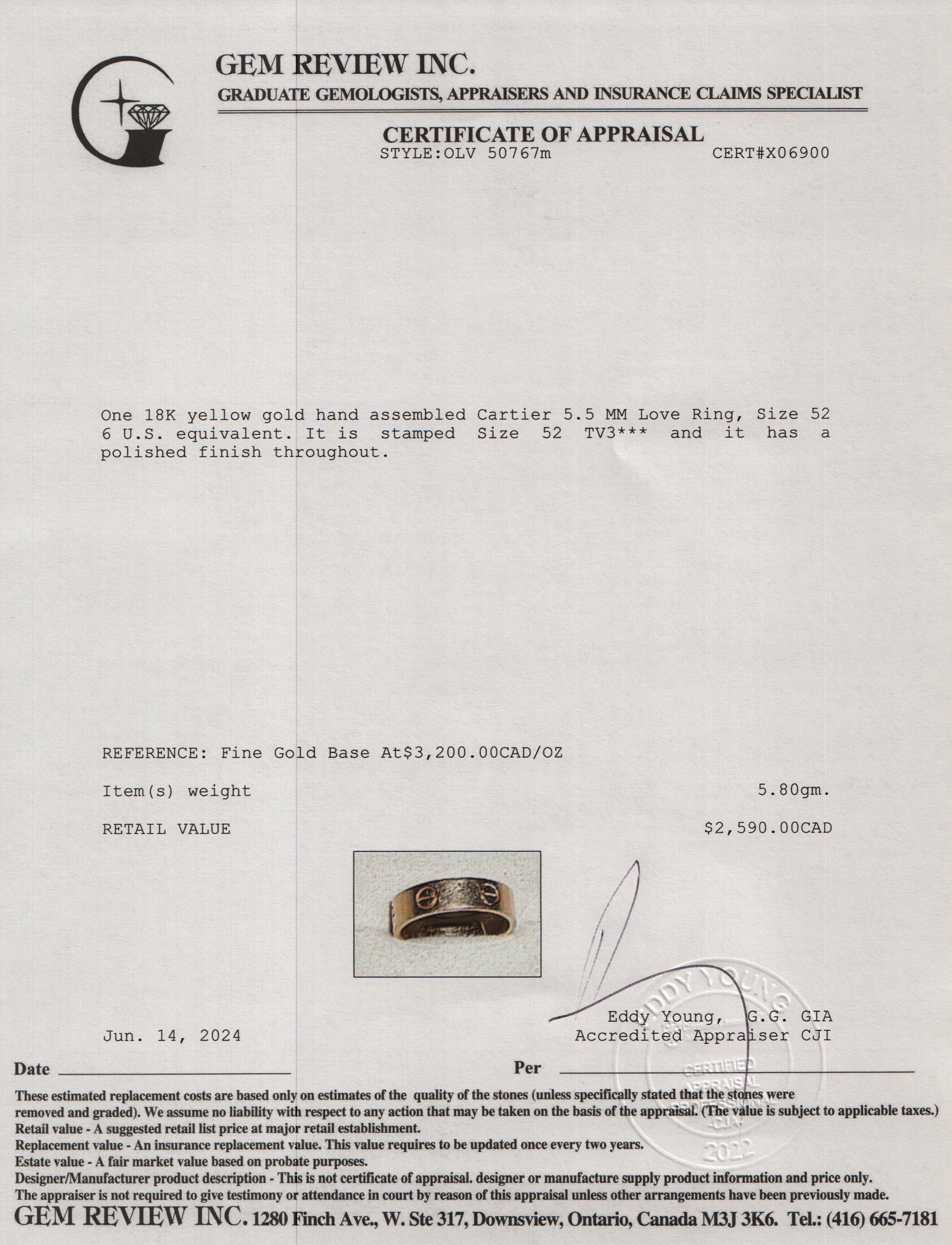 Cartier 18k Yellow Gold 5.5 MM Love Ring, Size 52 6 w/ Box & Certificate