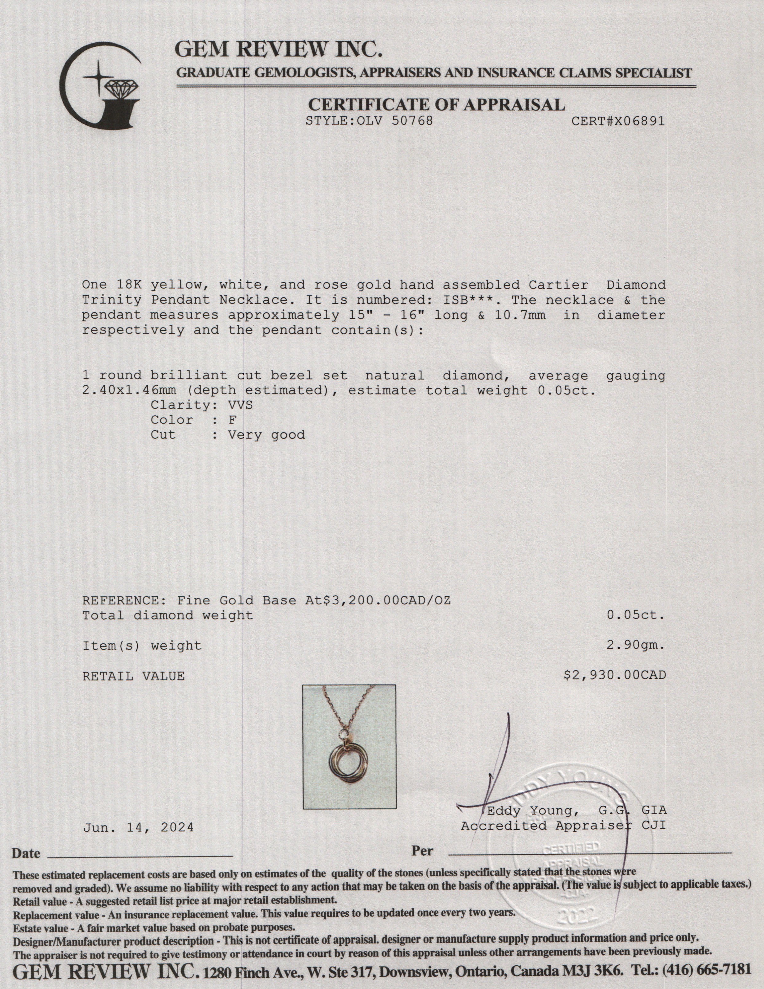 Cartier 18k Yellow, White & Rose Gold Diamond Trinity Pendant Necklace w/ Box, Receipt & Certificate