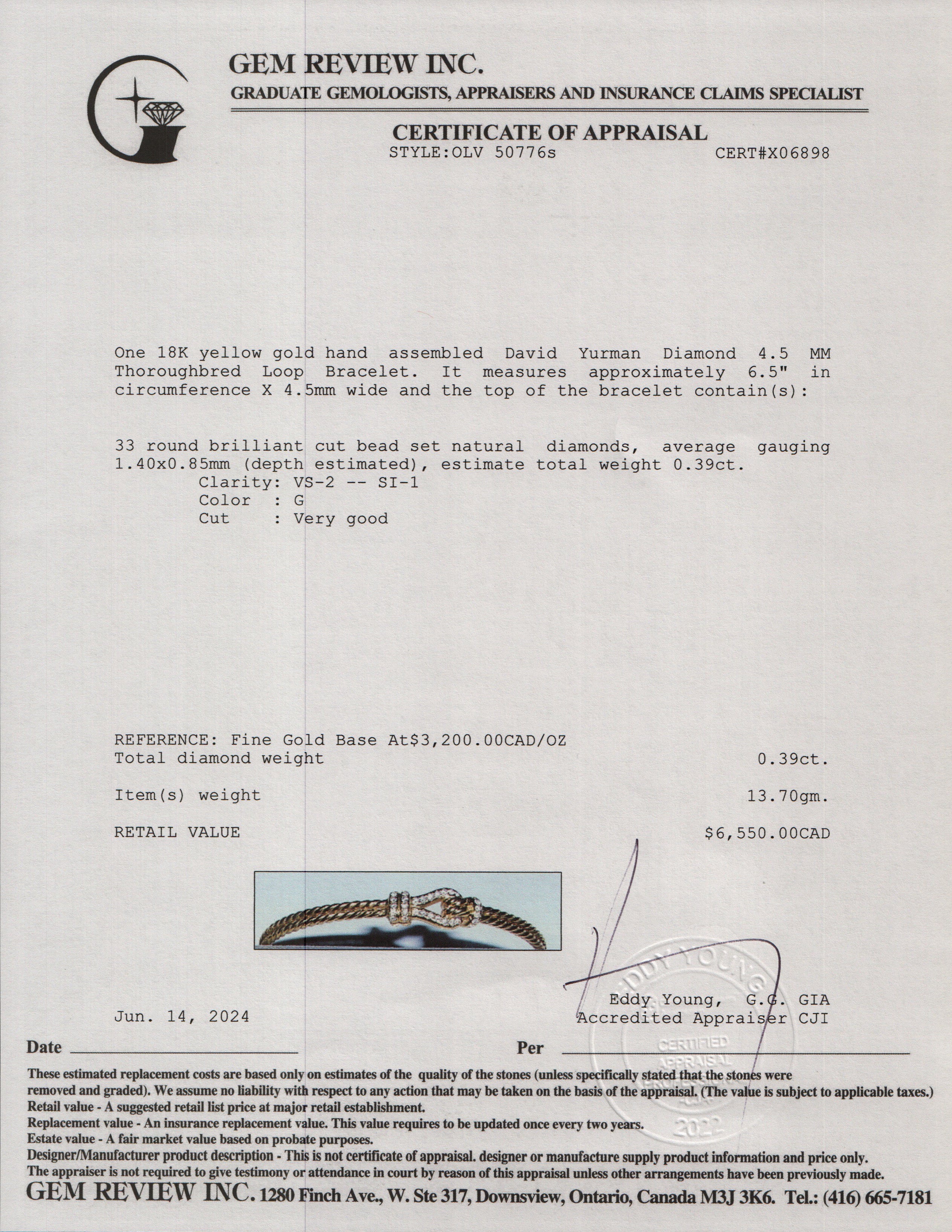 David Yurman 18k Yellow Gold Diamond 4.5 MM Thoroughbred Loop Bracelet w/ Box