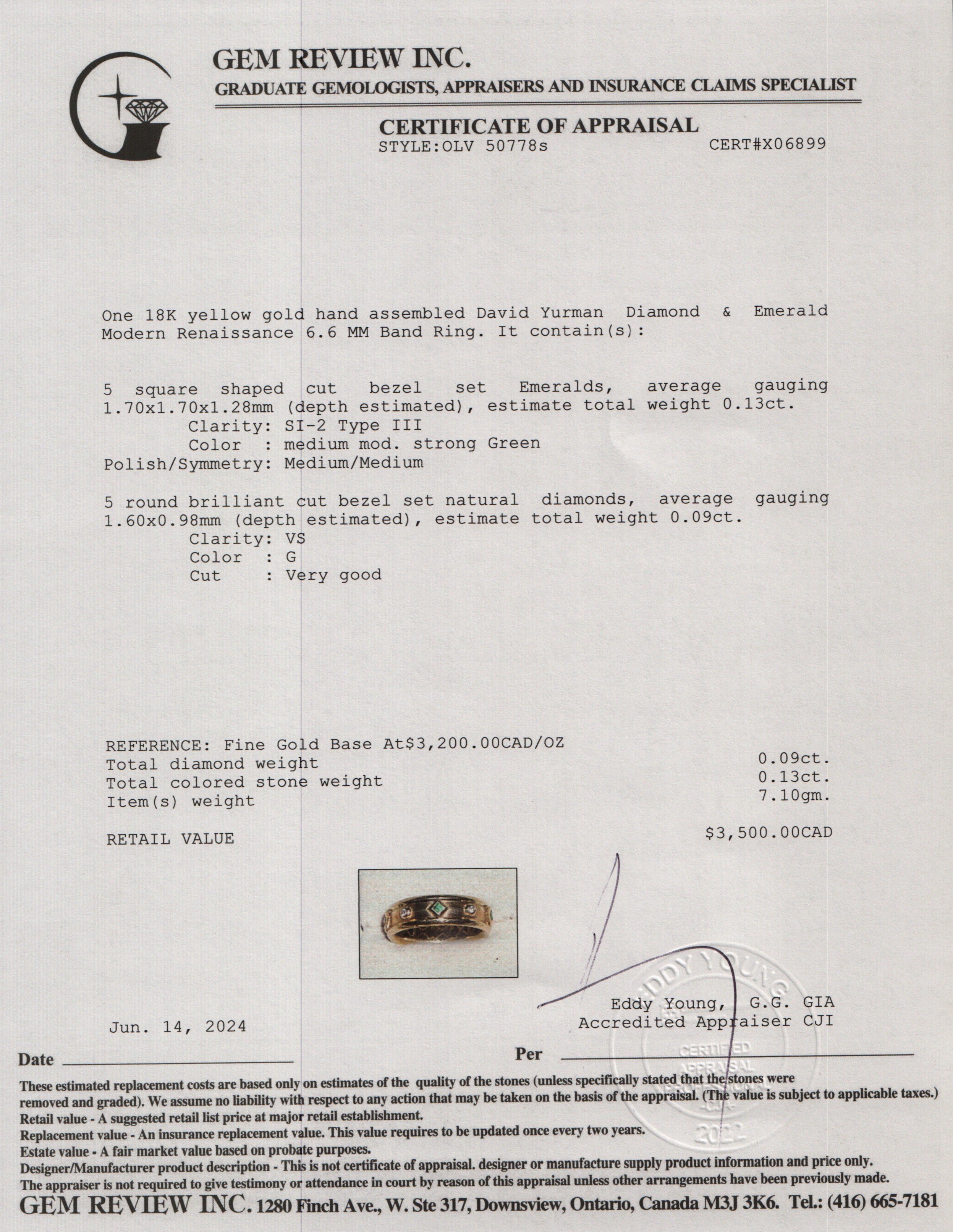 David Yurman 18k Yellow Gold Diamond & Emerald Modern Renaissance 6.6 MM Band Ring, Size 7.25 w/ Box
