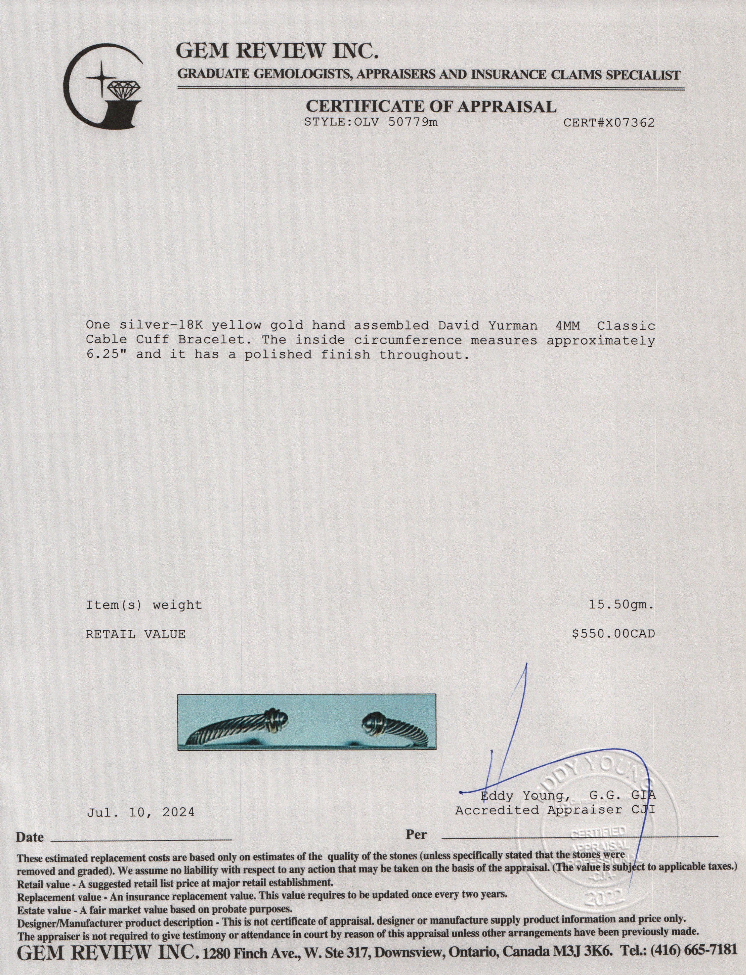 David Yurman Sterling Silver & 18k Yellow Gold 4MM Classic Cable Cuff Bracelet