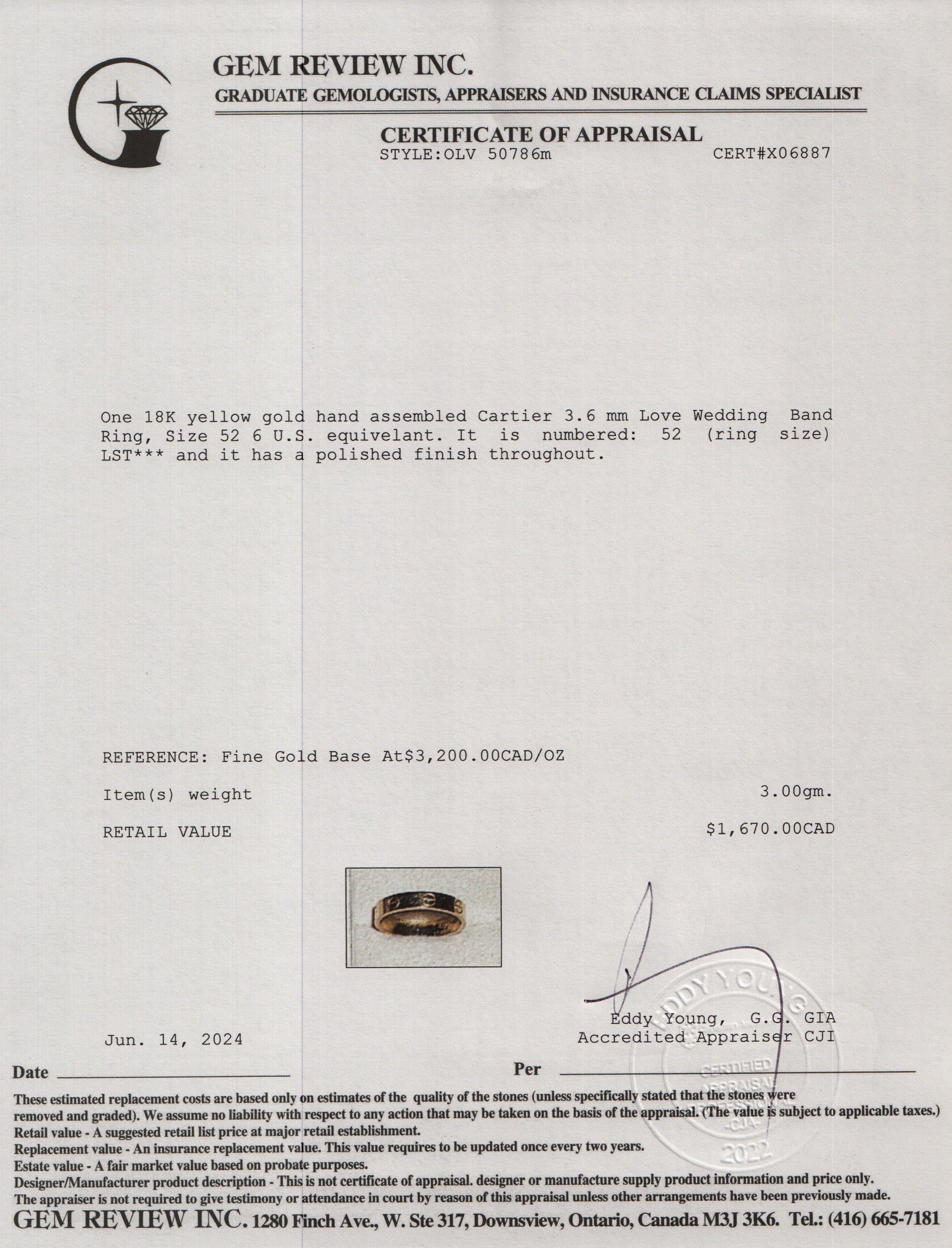 Cartier 2021 18k Yellow Gold 3.6 mm Love Wedding Band Ring, Size 52 6 w/ Box & Certificate