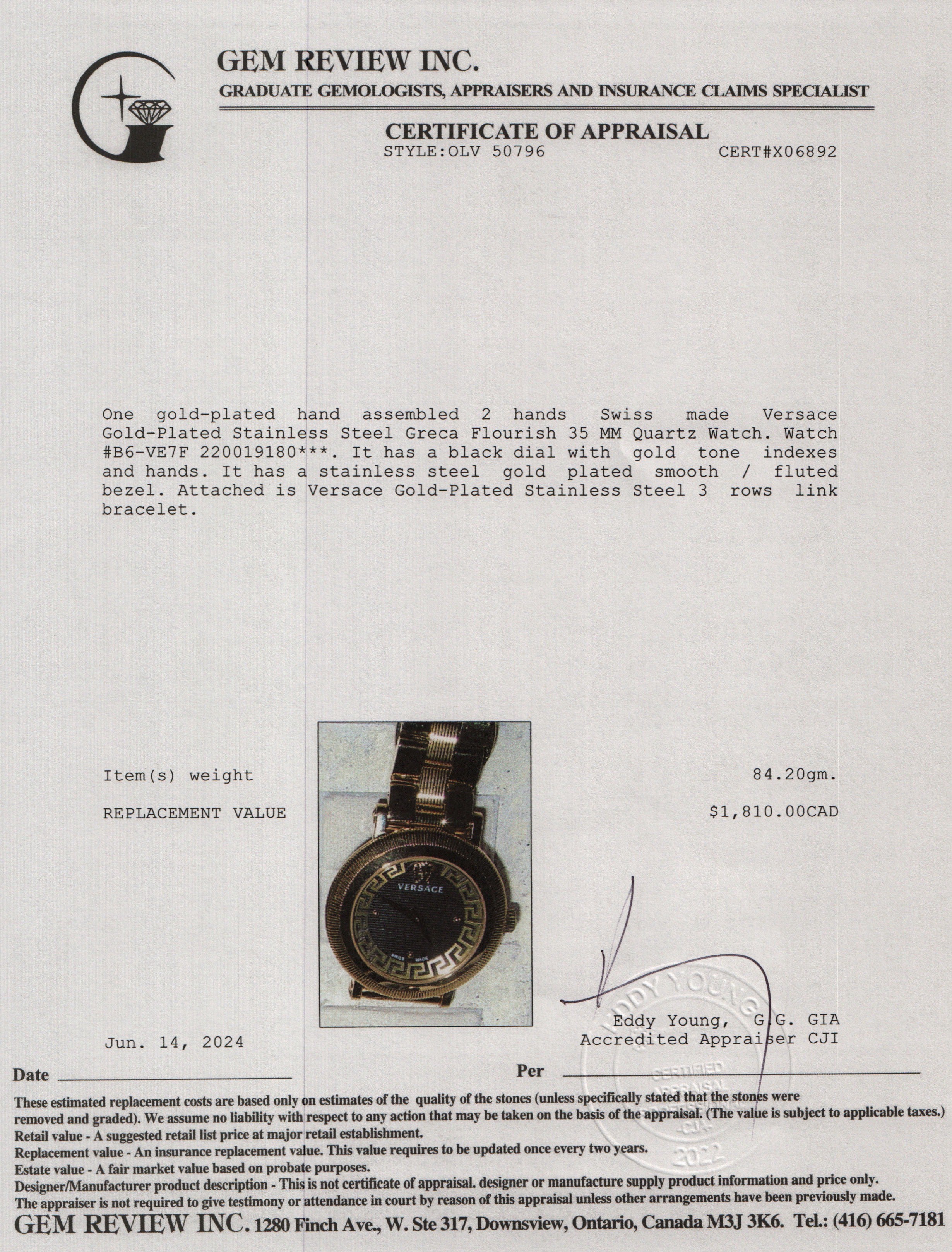 Versace Gold-Plated Stainless Steel Greca Flourish 35 MM Quartz Watch w/ Box & Papers