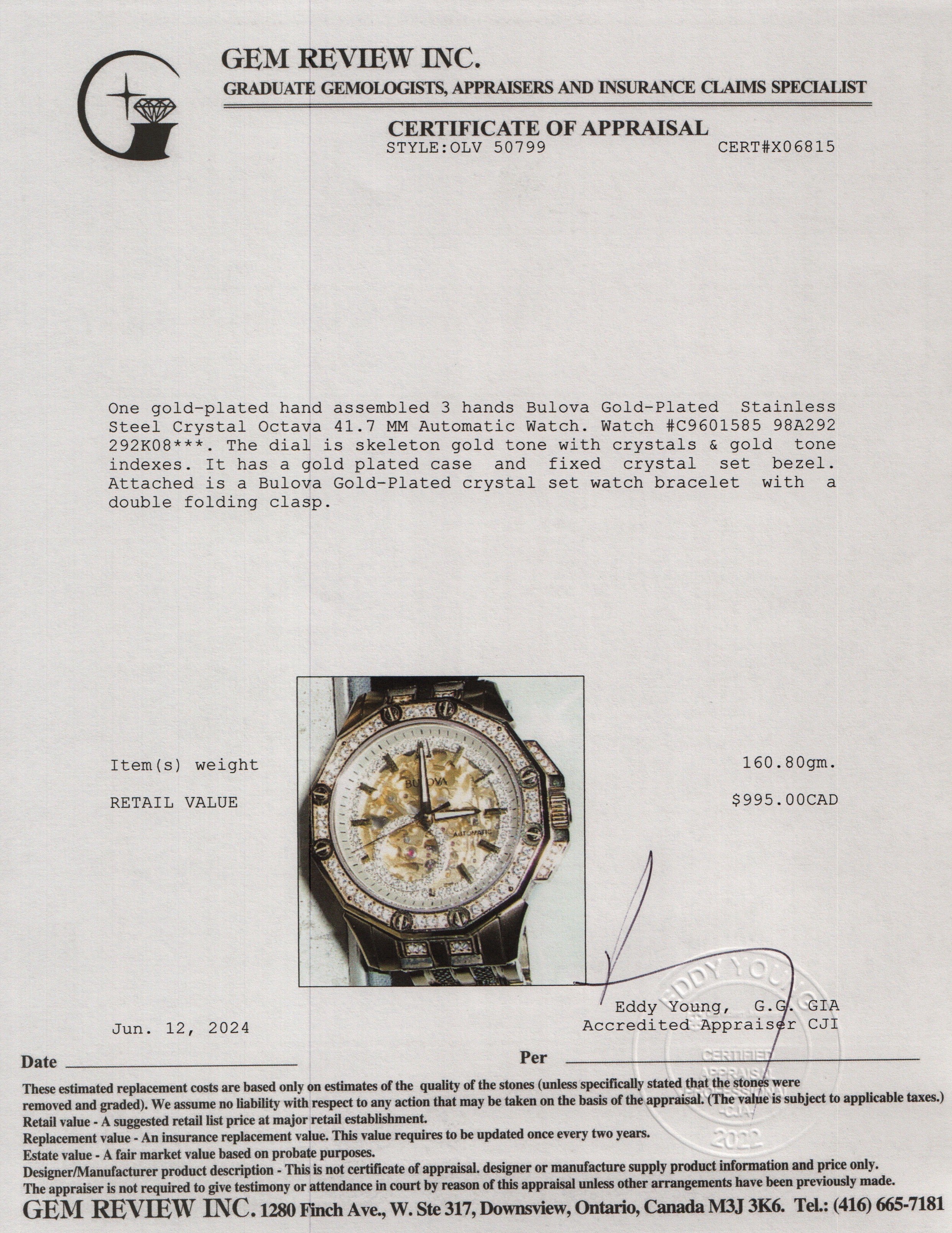 Bulova Gold-Plated Stainless Steel Crystal Octava 41.7 MM Automatic Watch 98A292