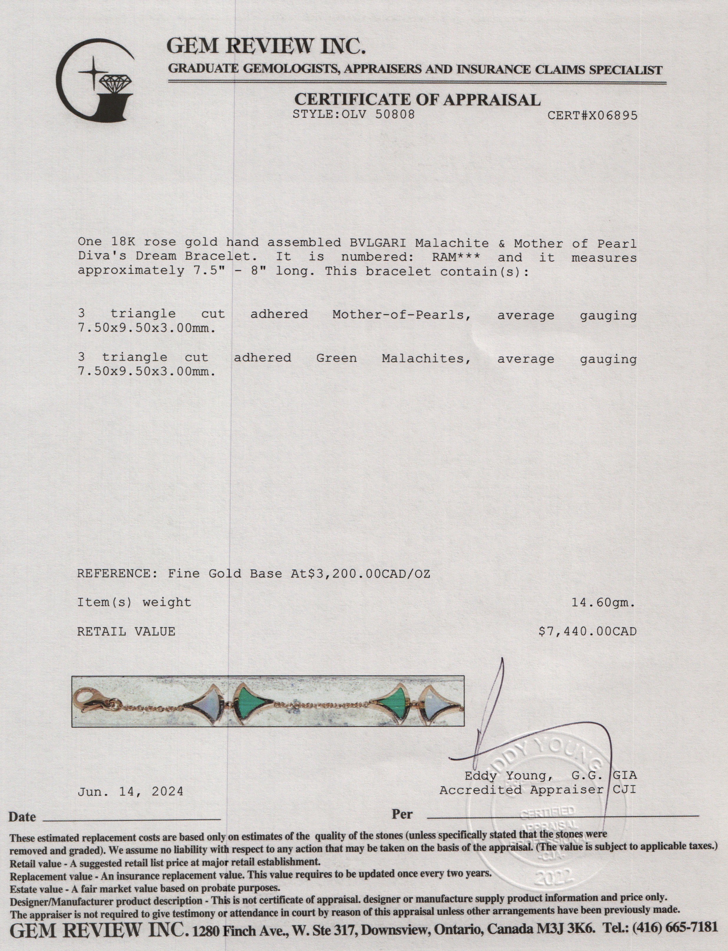 BVLGARI 2022 18k Rose Gold Malachite & Mother of Pearl Diva's Dream Bracelet w/ Pouch & Certificate