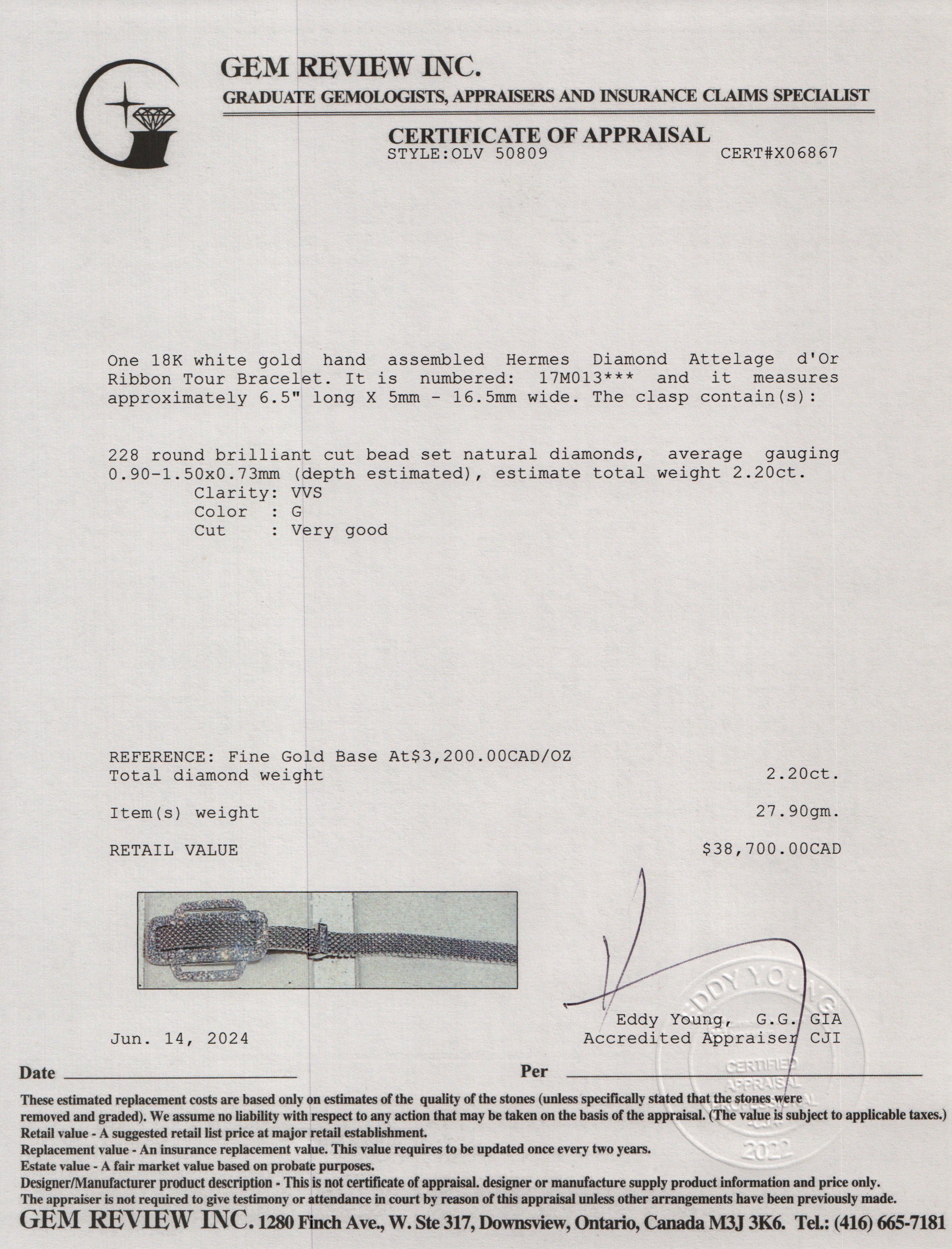 Hermes 18k White Gold Diamond Attelage d'Or Ribbon Tour Bracelet w/ Box