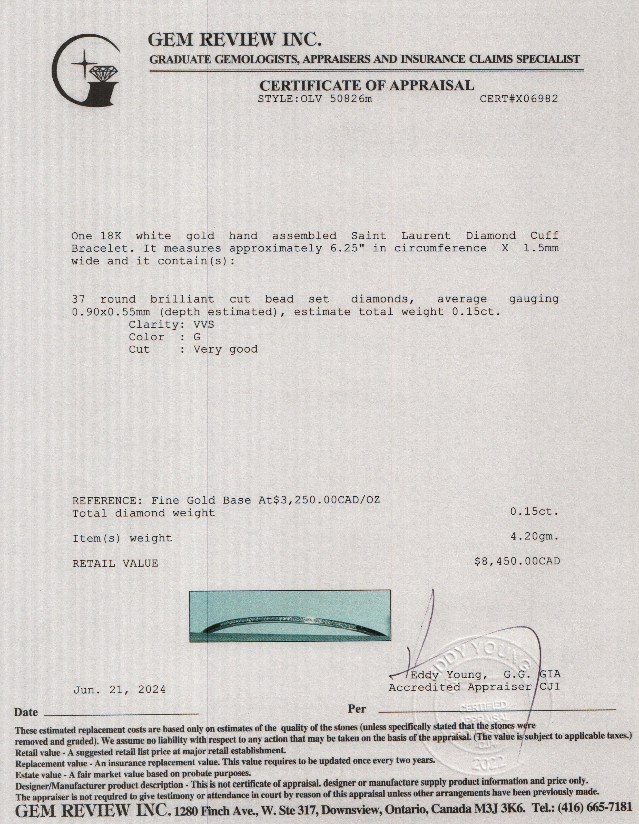 Saint Laurent 18k White Gold Diamond Cuff Bracelet w/ Box