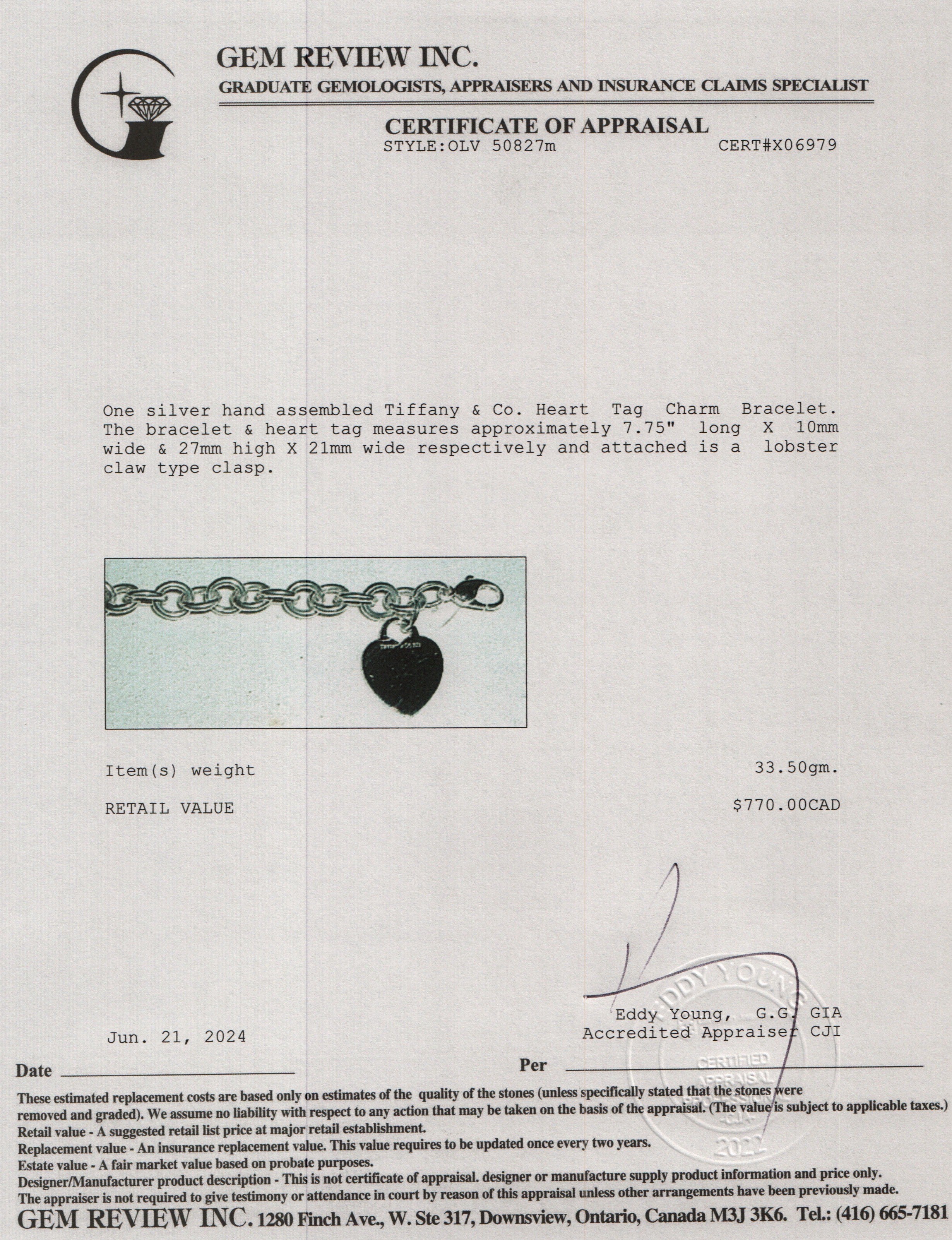 Tiffany & Co. Sterling Silver Heart Tag Charm Bracelet