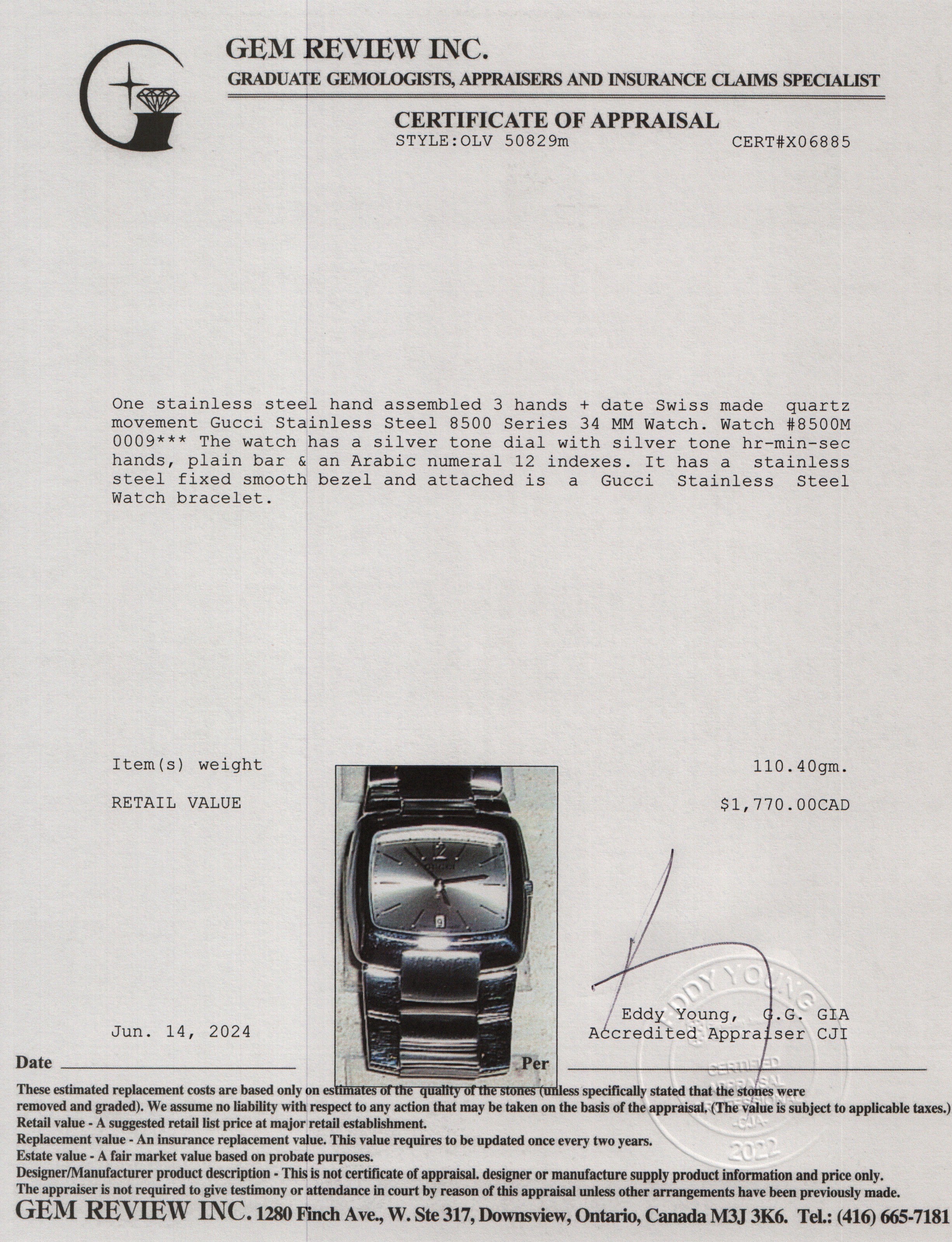 Gucci Stainless Steel 8500 Series 34 MM Watch