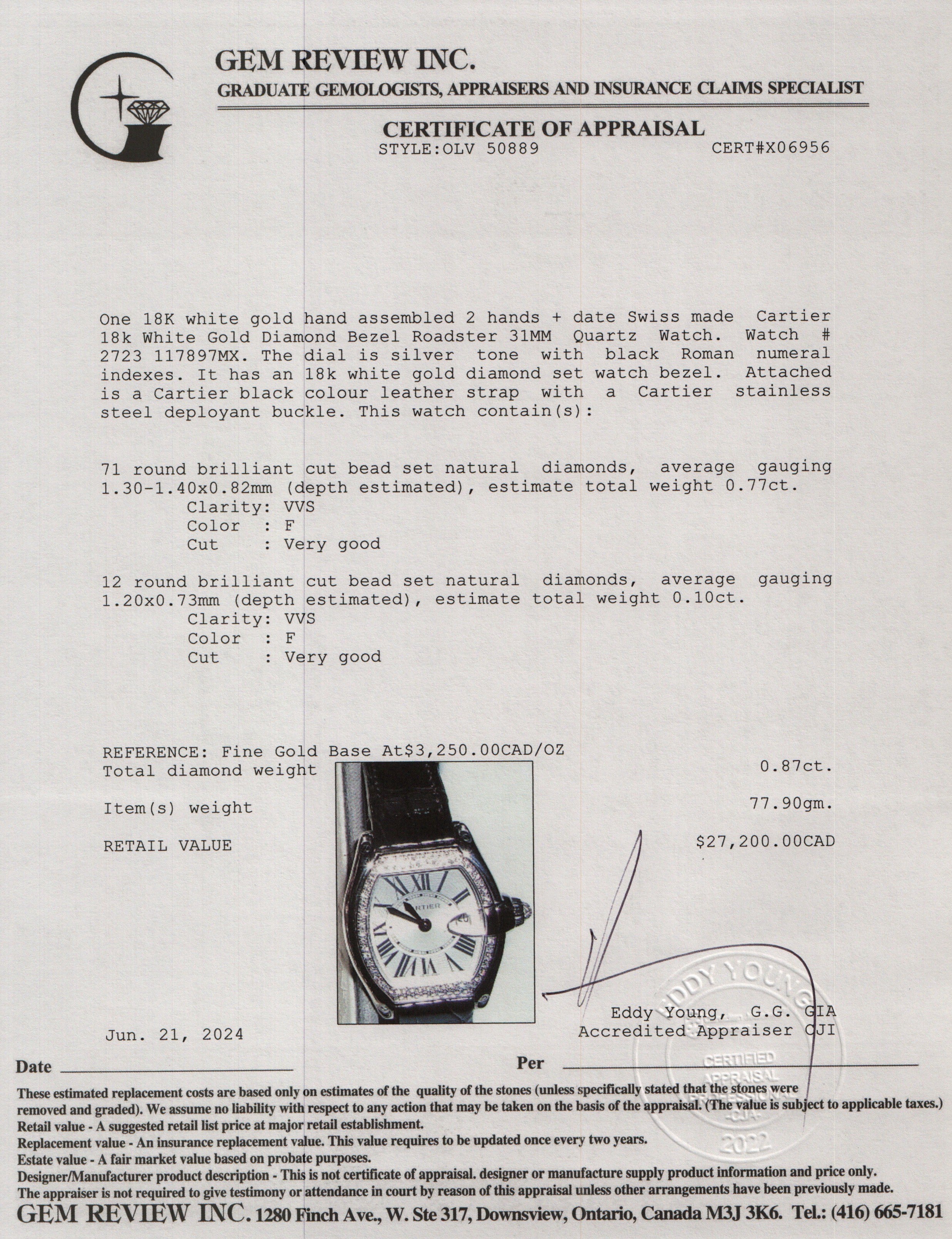 Cartier 18k White Gold Diamond Bezel Roadster 31 MM Quartz Watch 2723 w/ Box, Extra Strap & Papers