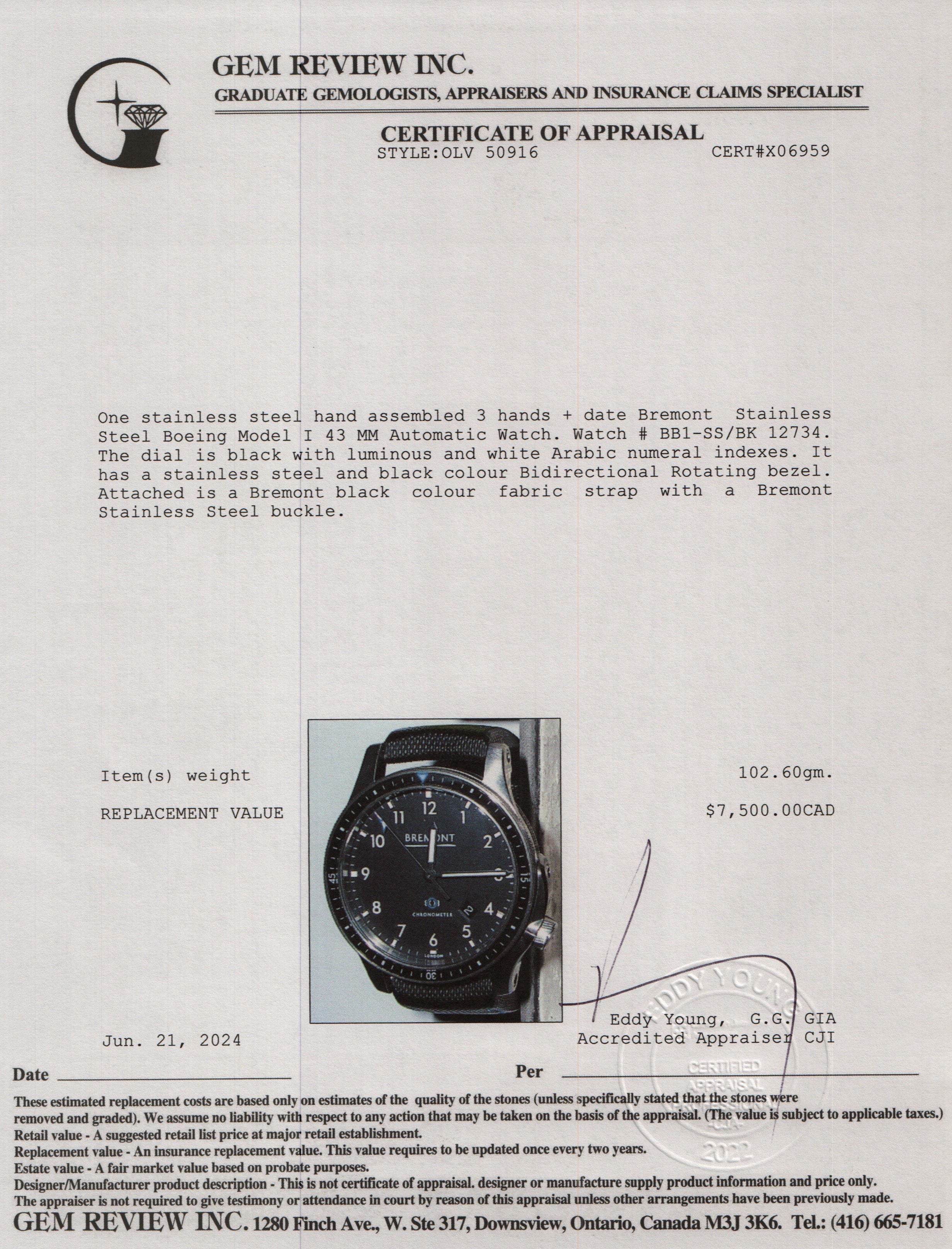 Bremont Stainless Steel Boeing Model I 43 MM Automatic Watch w/ Box & Papers