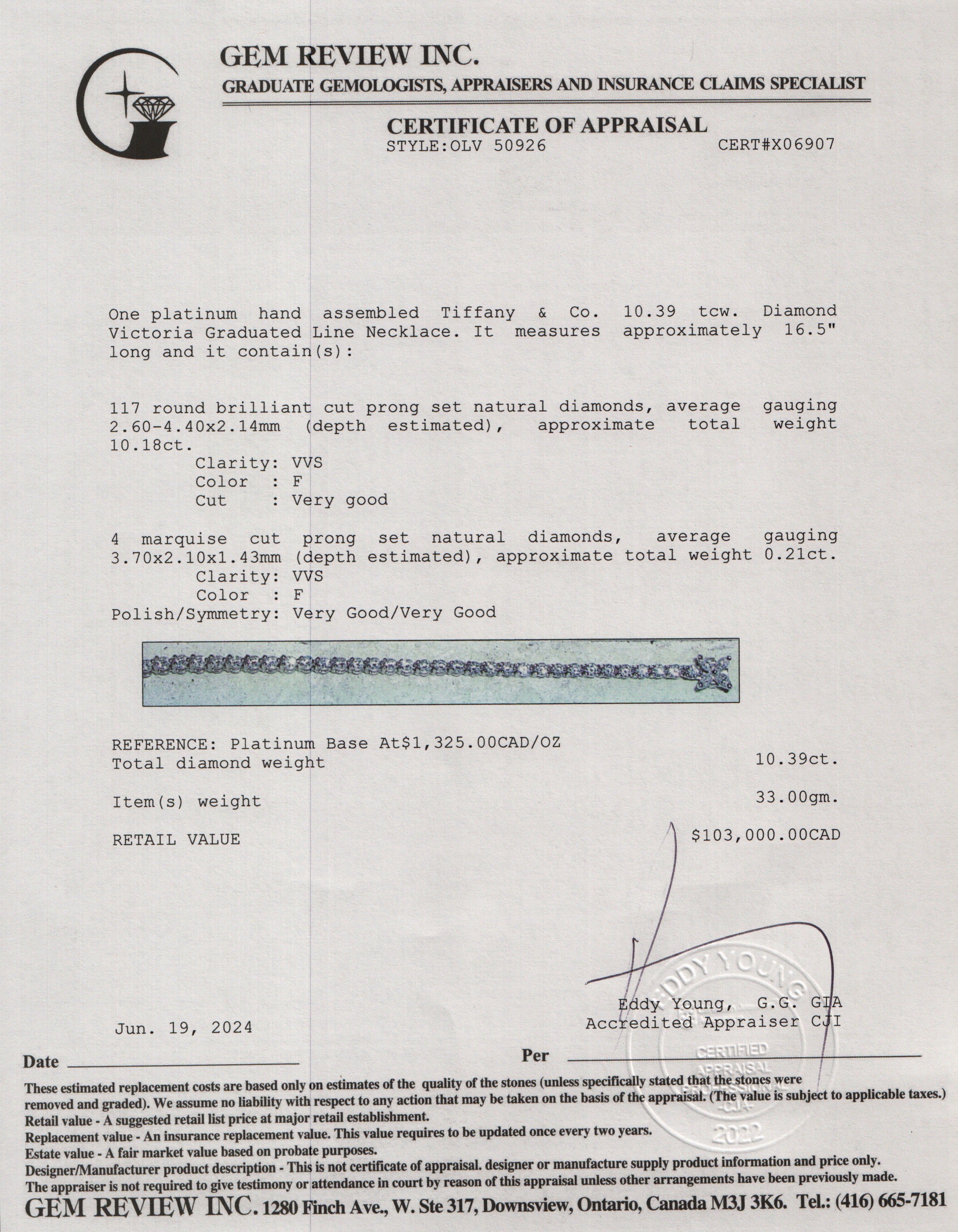 Tiffany & Co. Platinum 10.39 tcw. Diamond Victoria Graduated Line Necklace w/ Box