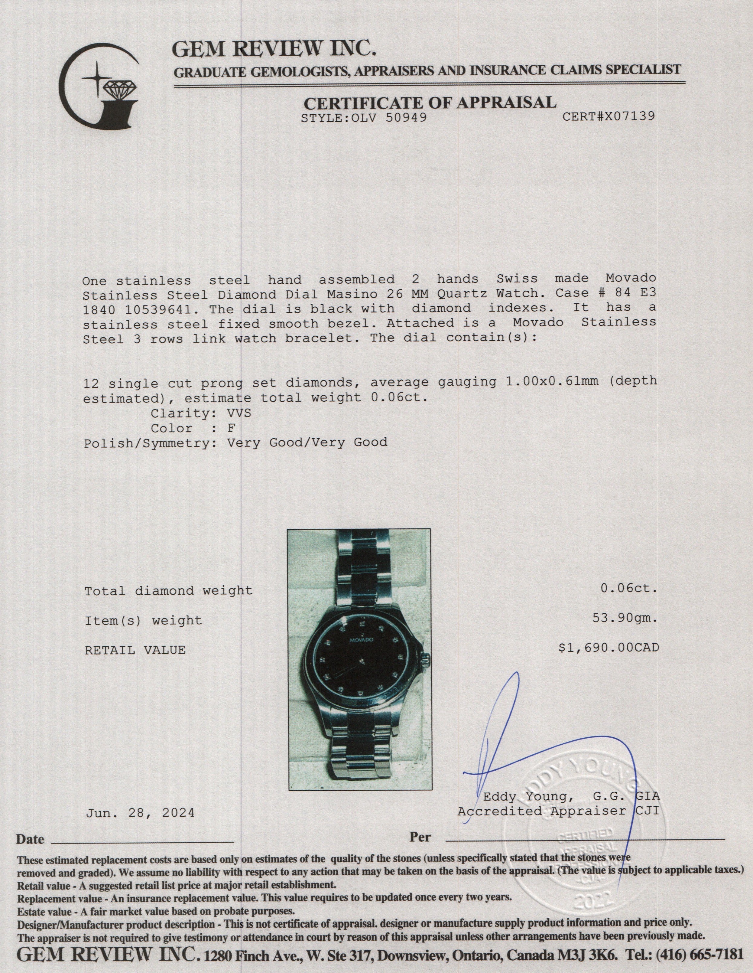 Movado Stainless Steel Diamond Dial Masino 26 MM Quartz Watch