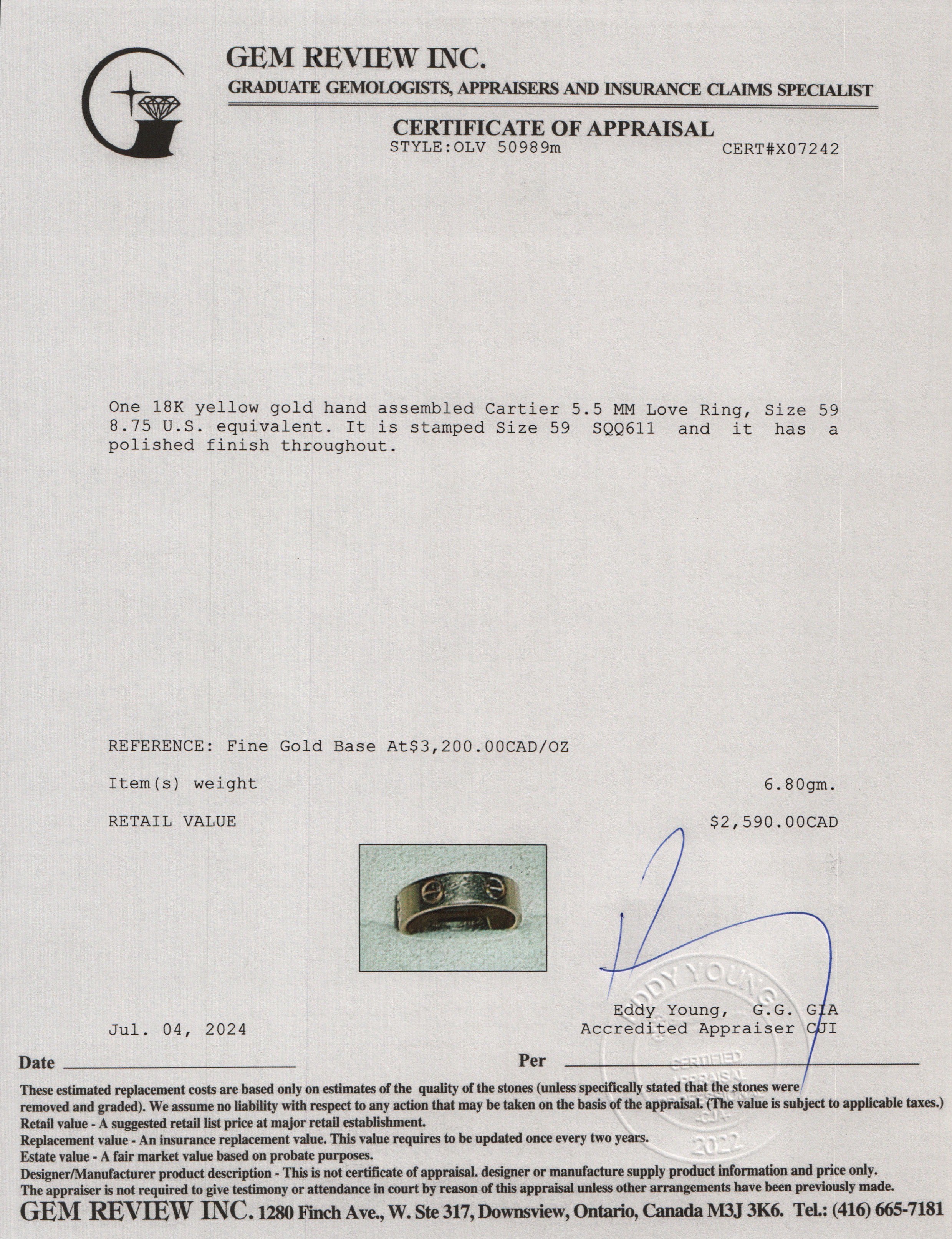 Cartier 18k Yellow Gold 5.5 MM Love Ring, Size 59 8.75 w/ Box