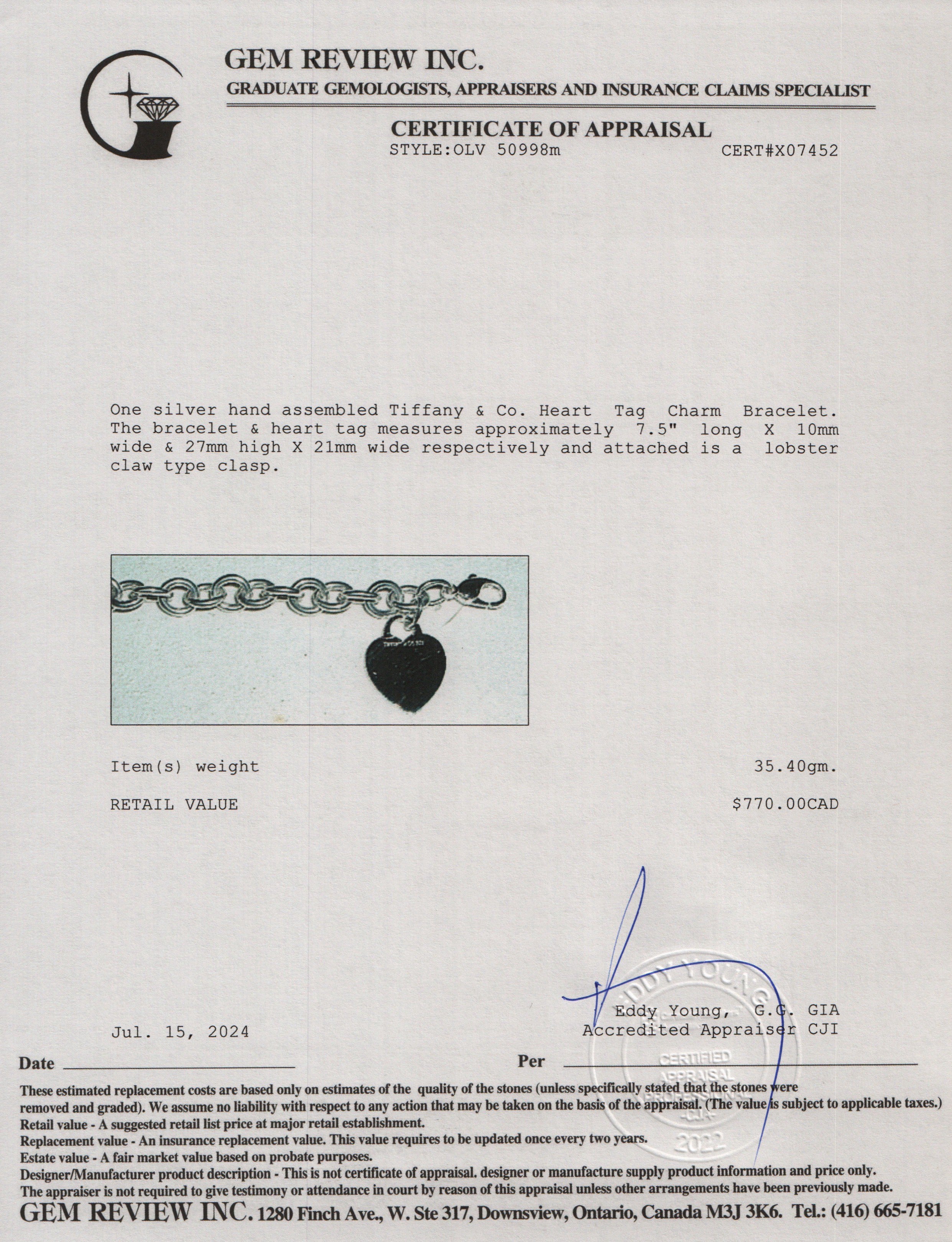 Tiffany & Co. Sterling Silver Heart Tag Charm Bracelet