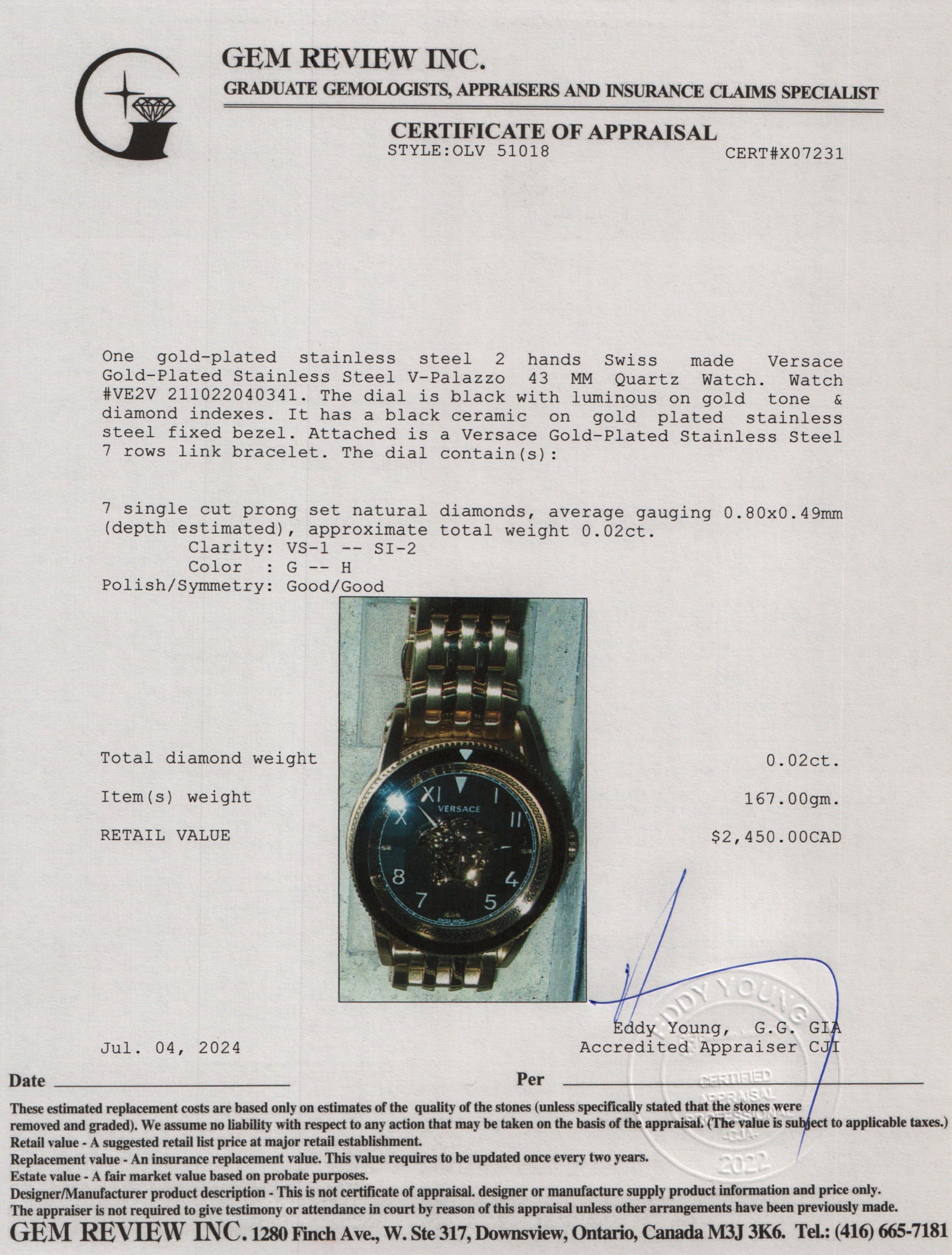 Versace Gold-Plated Stainless Steel V-Palazzo 43 MM Quartz Watch w/ Box