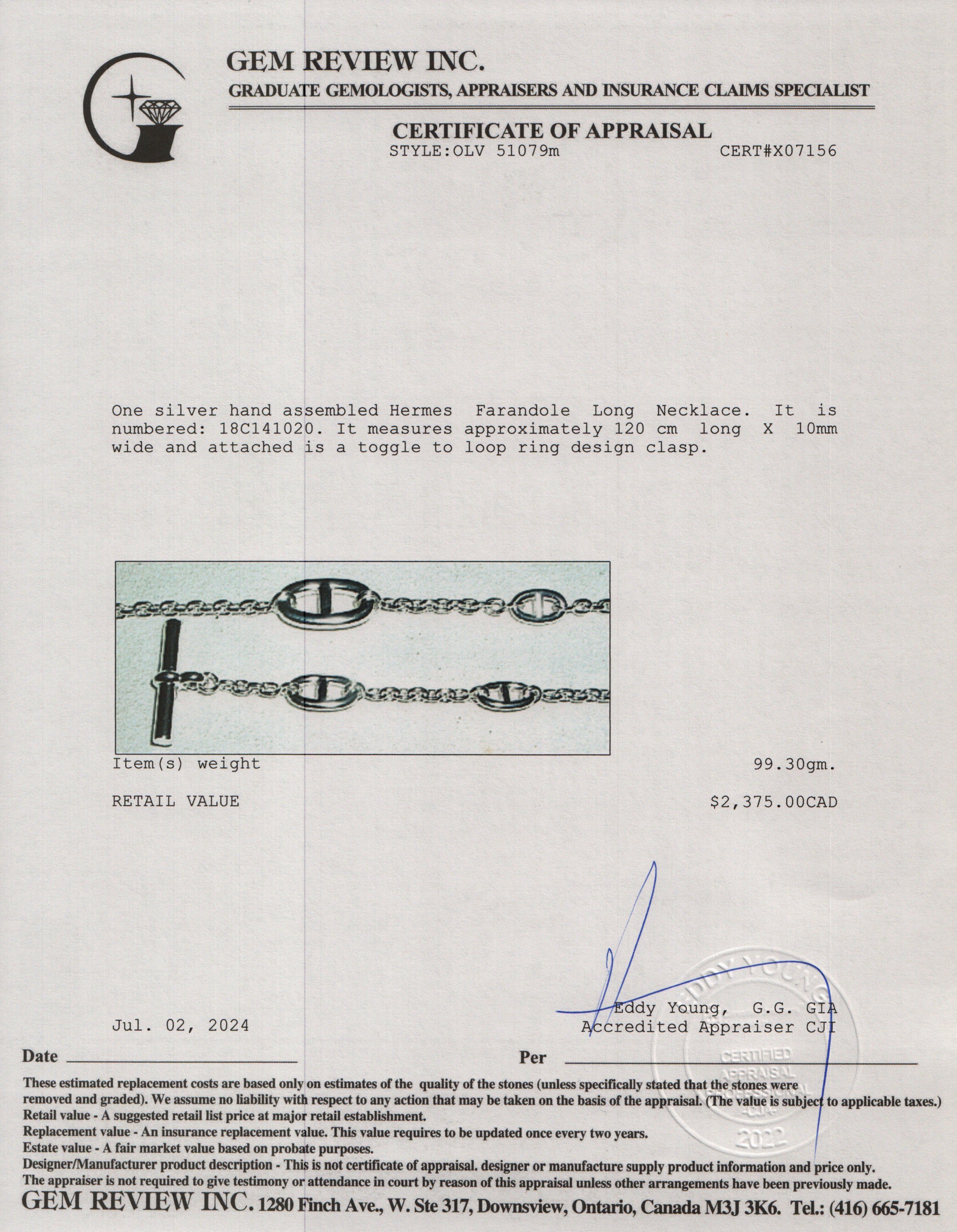 Hermes Sterling Silver Farandole Long Necklace, 120 cm w/ Box