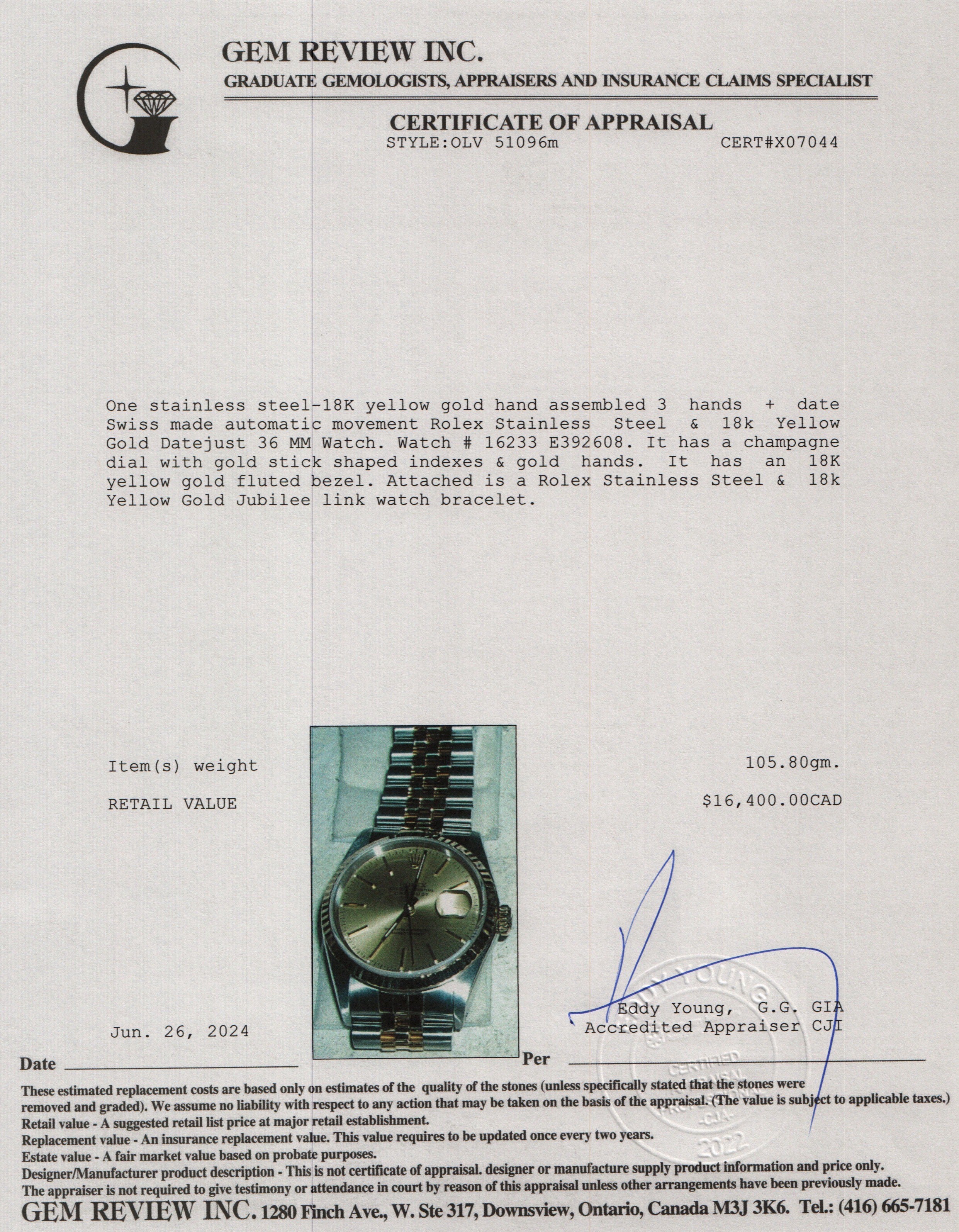 Rolex Stainless Steel & 18k Yellow Gold Datejust 36 MM Watch 16233 w/ Box & Papers