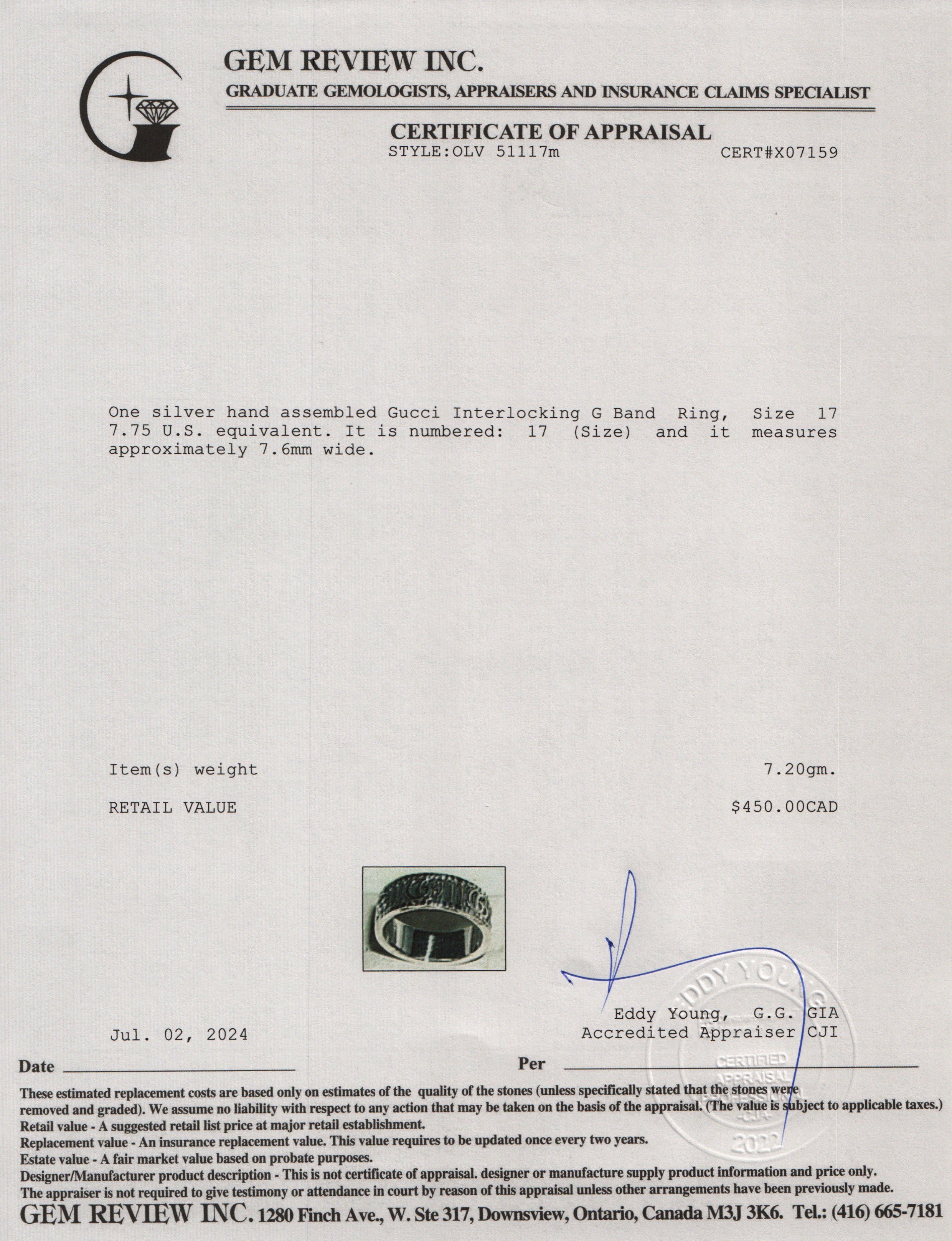 Gucci Sterling Silver Interlocking G Band Ring, Size 17 7.75