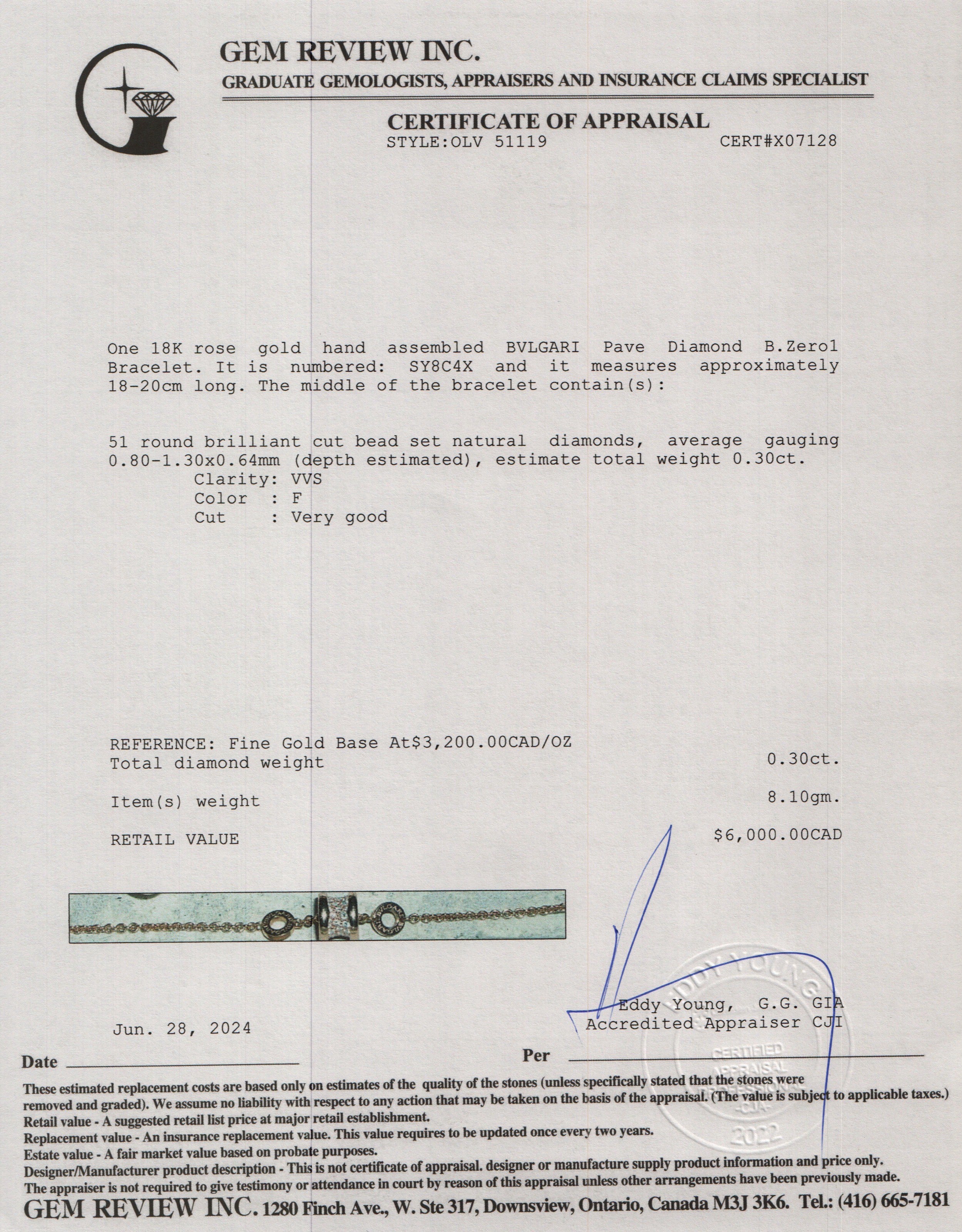 BVLGARI 18k Rose Gold Pave Diamond B.Zero1 Bracelet w/ Box, Receipt & Certificate