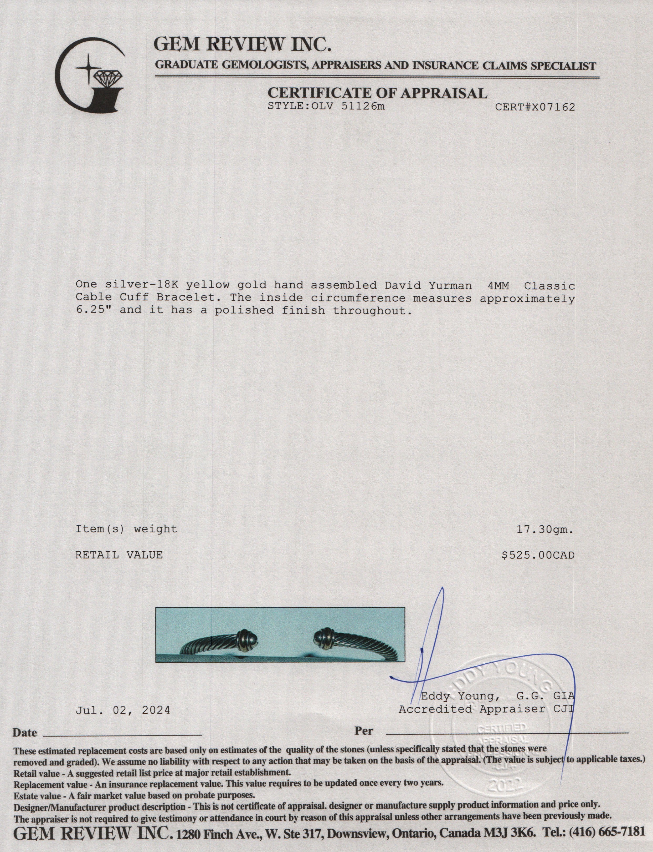 David Yurman Sterling Silver & 18k Yellow Gold 4MM Classic Cable Cuff Bracelet