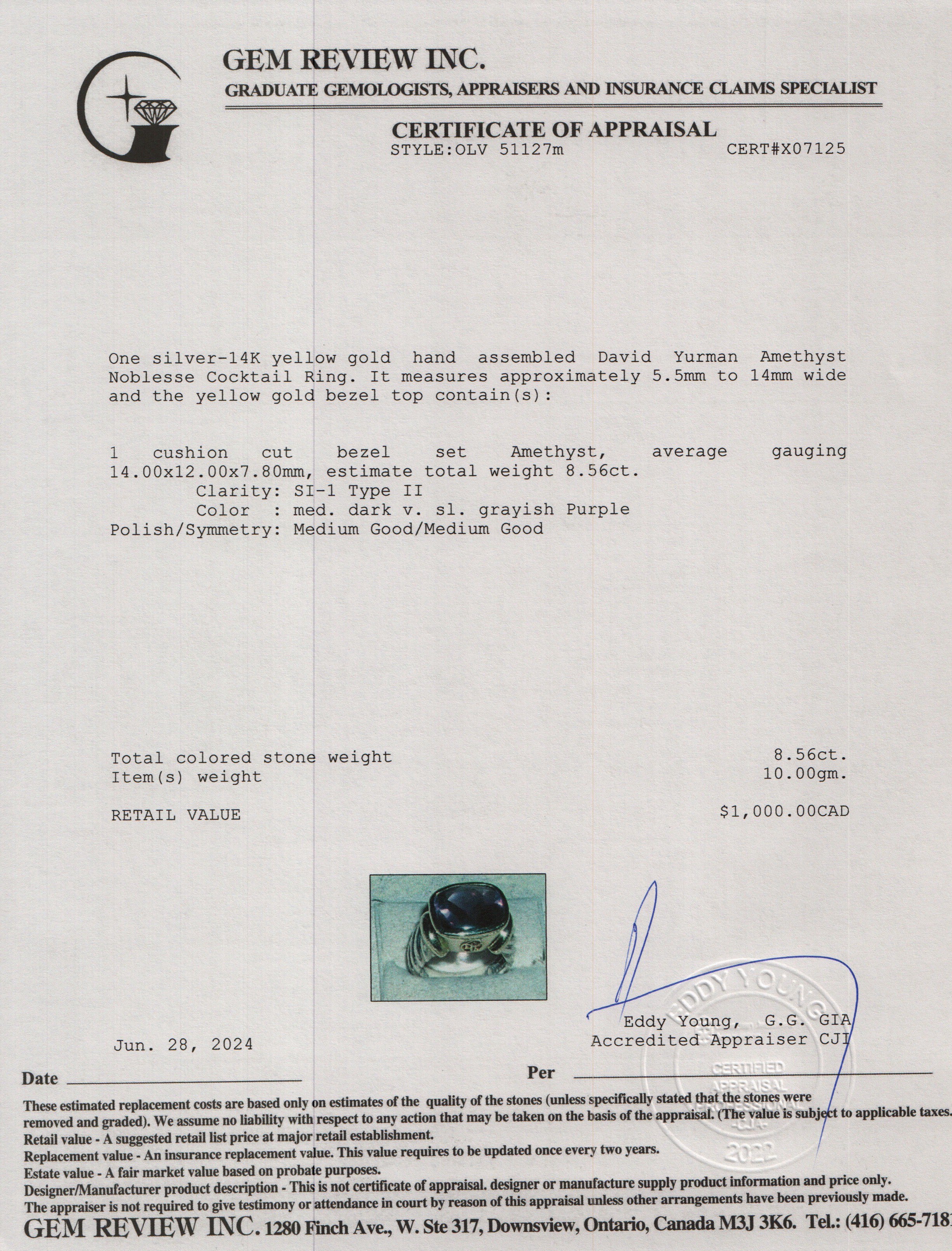 David Yurman Sterling Silver & 14k Yellow Gold Amethyst Noblesse Cocktail Ring, Size 6.5