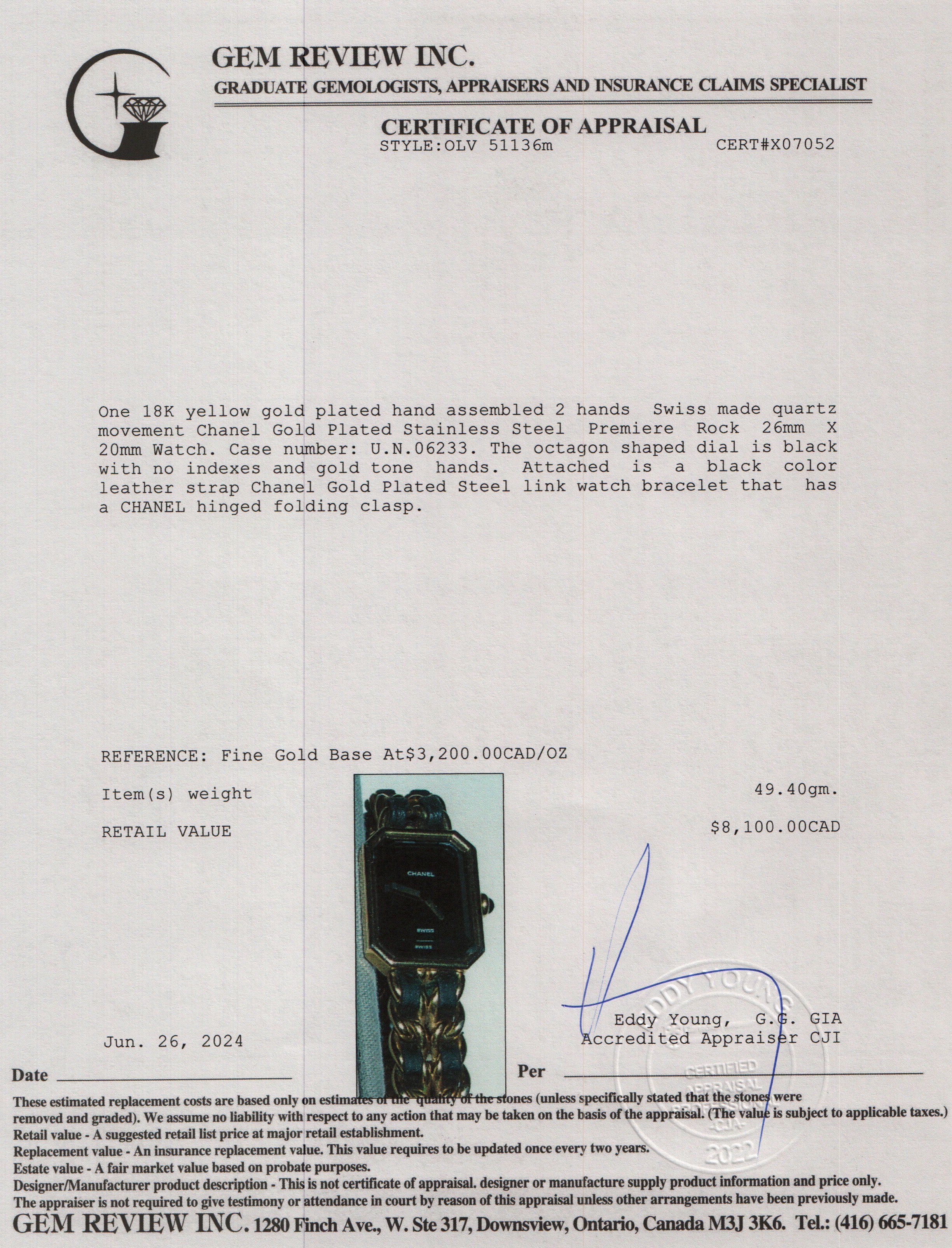 Chanel Gold Plated Stainless Steel Premiere Rock Watch