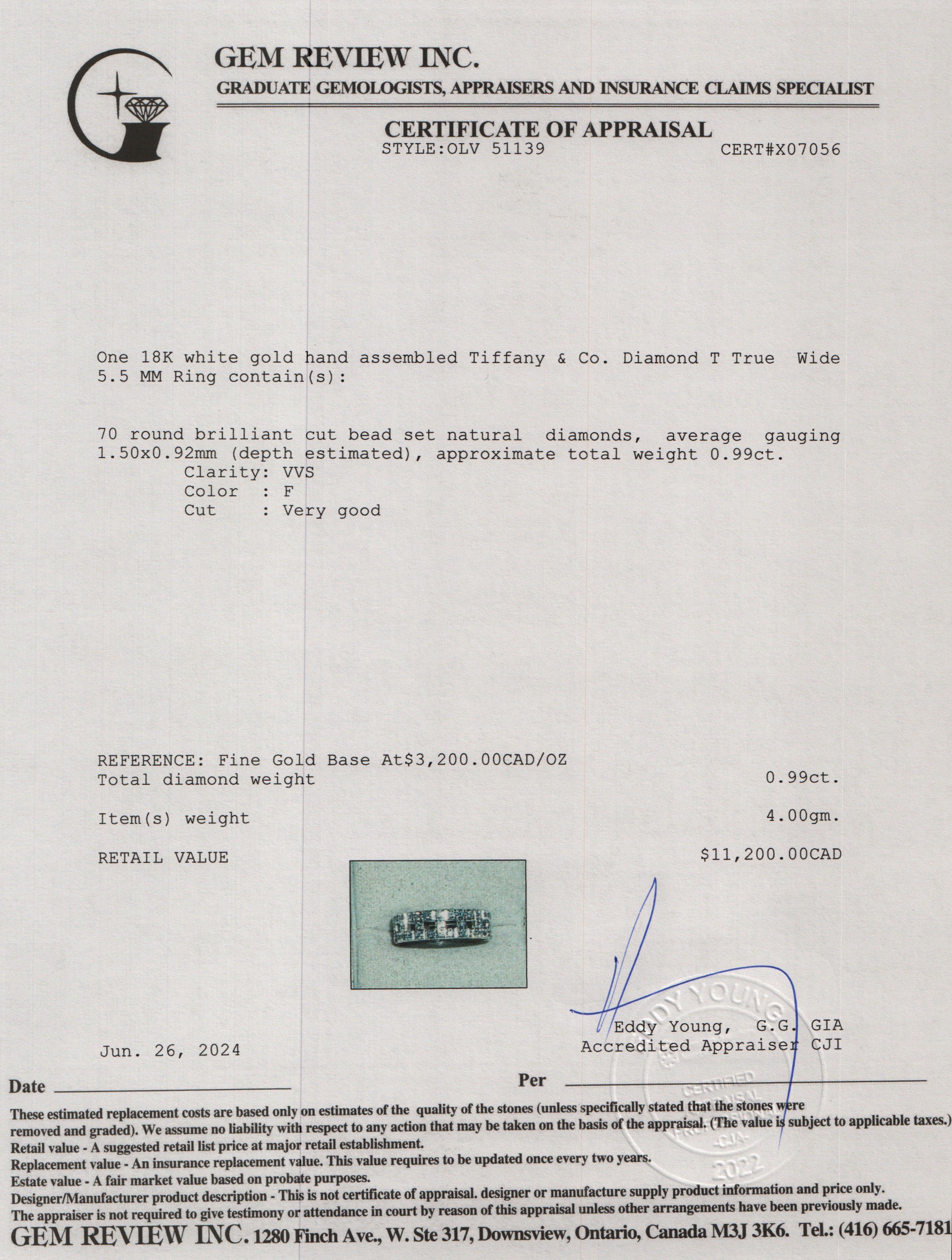 Tiffany & Co. 18k White Gold Diamond T True Wide 5.5 MM Ring, Size 4.75 w/ Box